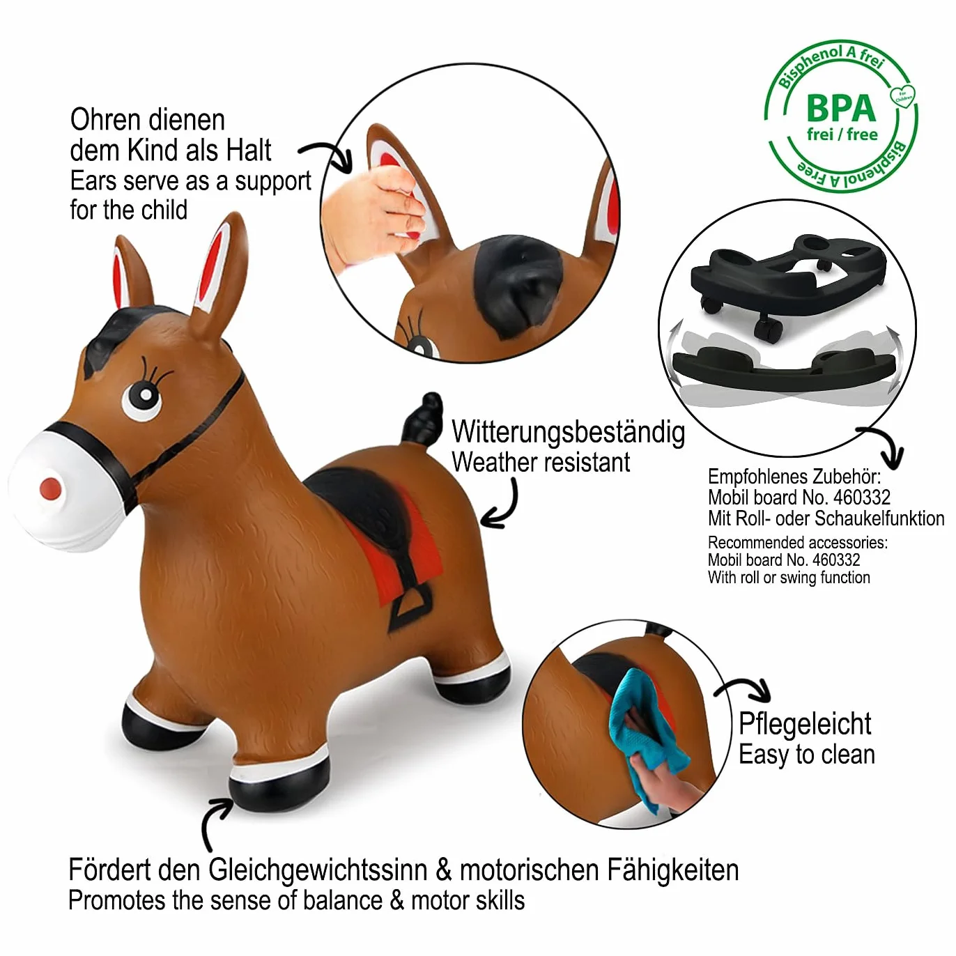 Jamara 460597 - Animal Saltarín Caballo Marrón con Bomba – Peso hasta a 50 kg, Orejas como Soporte, Resistente, Promueve el Sentido del Equilibrio, Simple de Limpiar