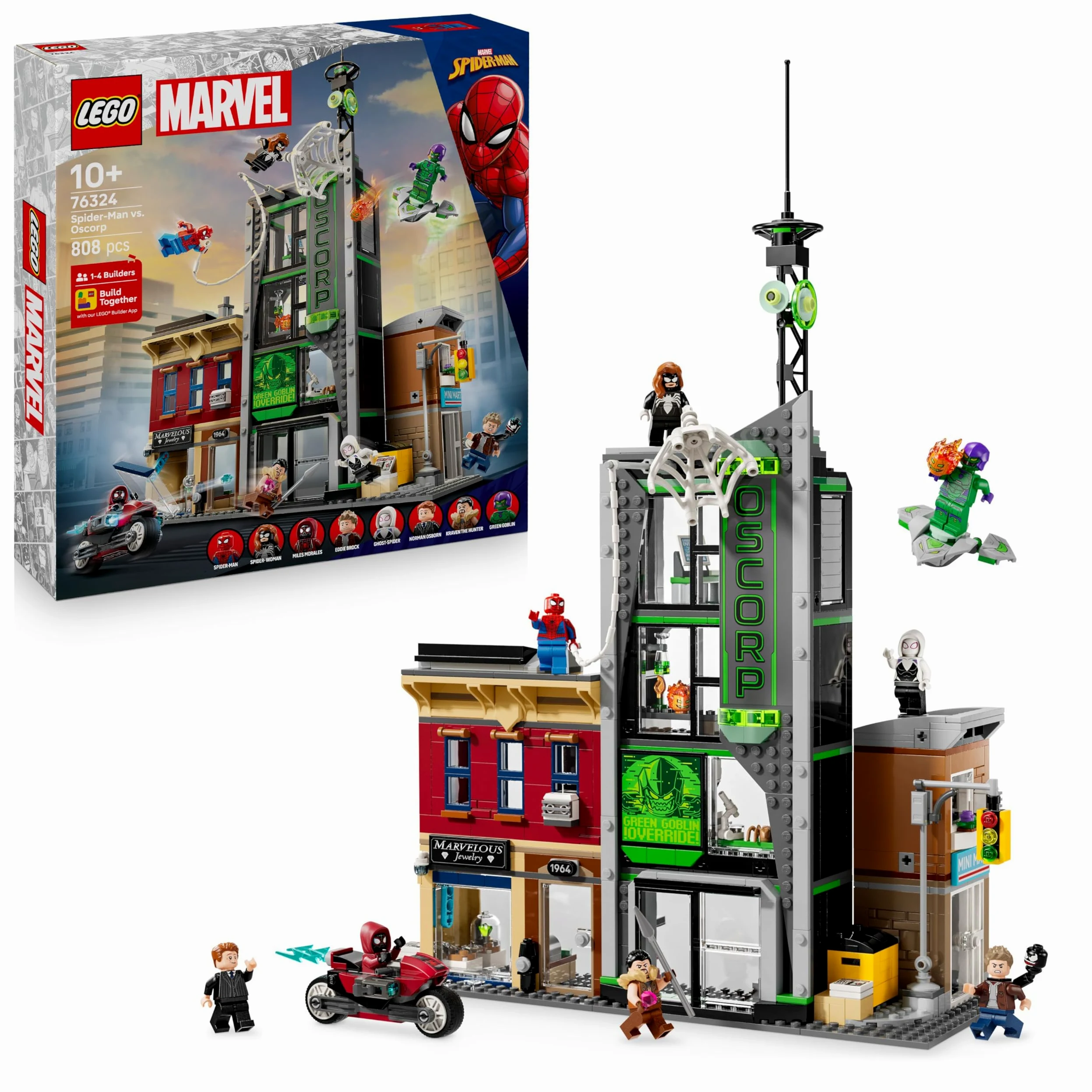 LEGO ǀ Marvel Spider-Man vs. Oscorp - Juguete Interactivo con Moto, 8 Minifiguras Inc. Miles Morales, Duende Verde y Spider-Woman - Regalo de Superhéroes para Niños de 10+ Años y Fans 76324