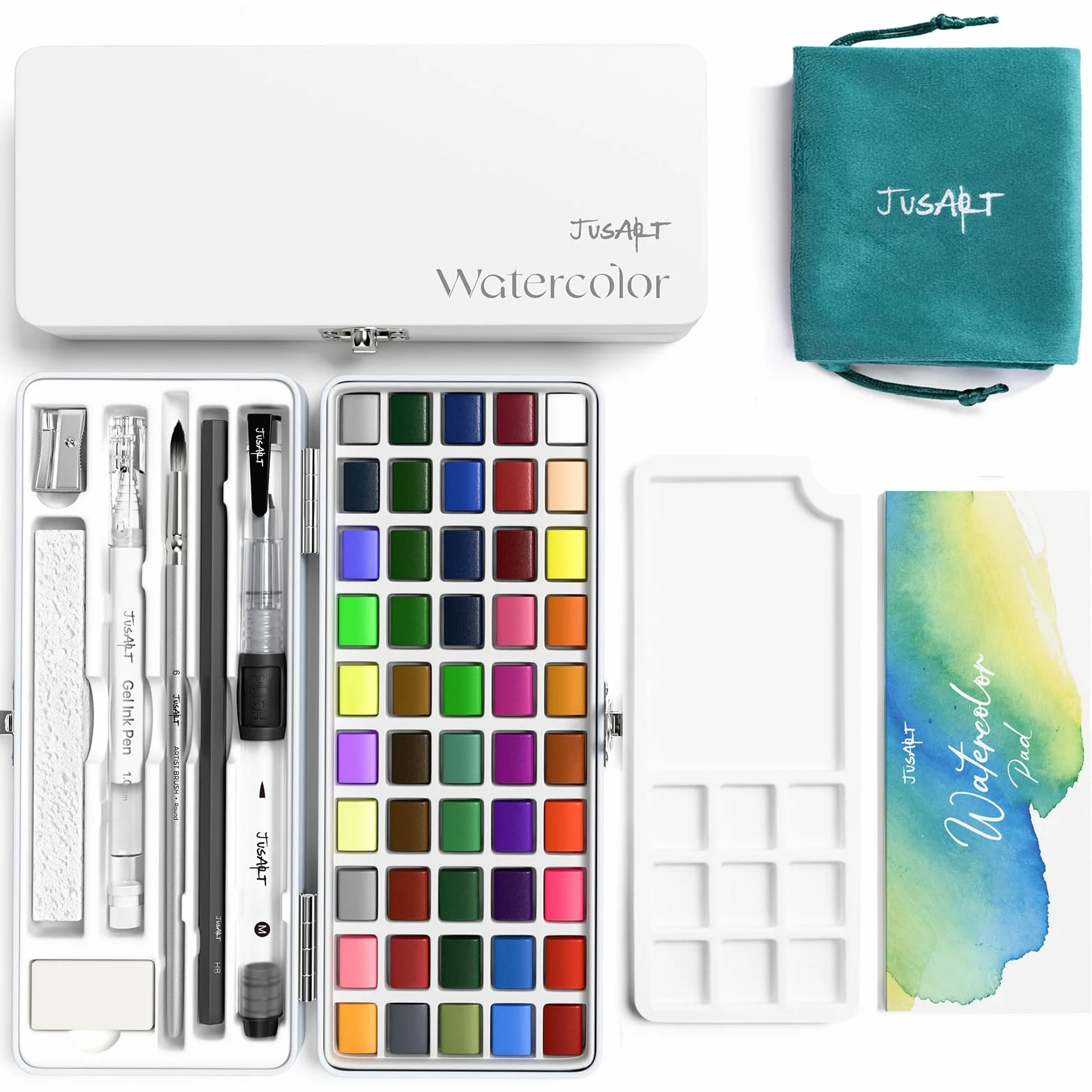 JusArt Juego de pintura de acuarela de 50 colores, suministros de arte con color metálico, pinceles de pintura de detalle, bolígrafos de pincel de agua, kit de pintura de viaje de acuarela portátil