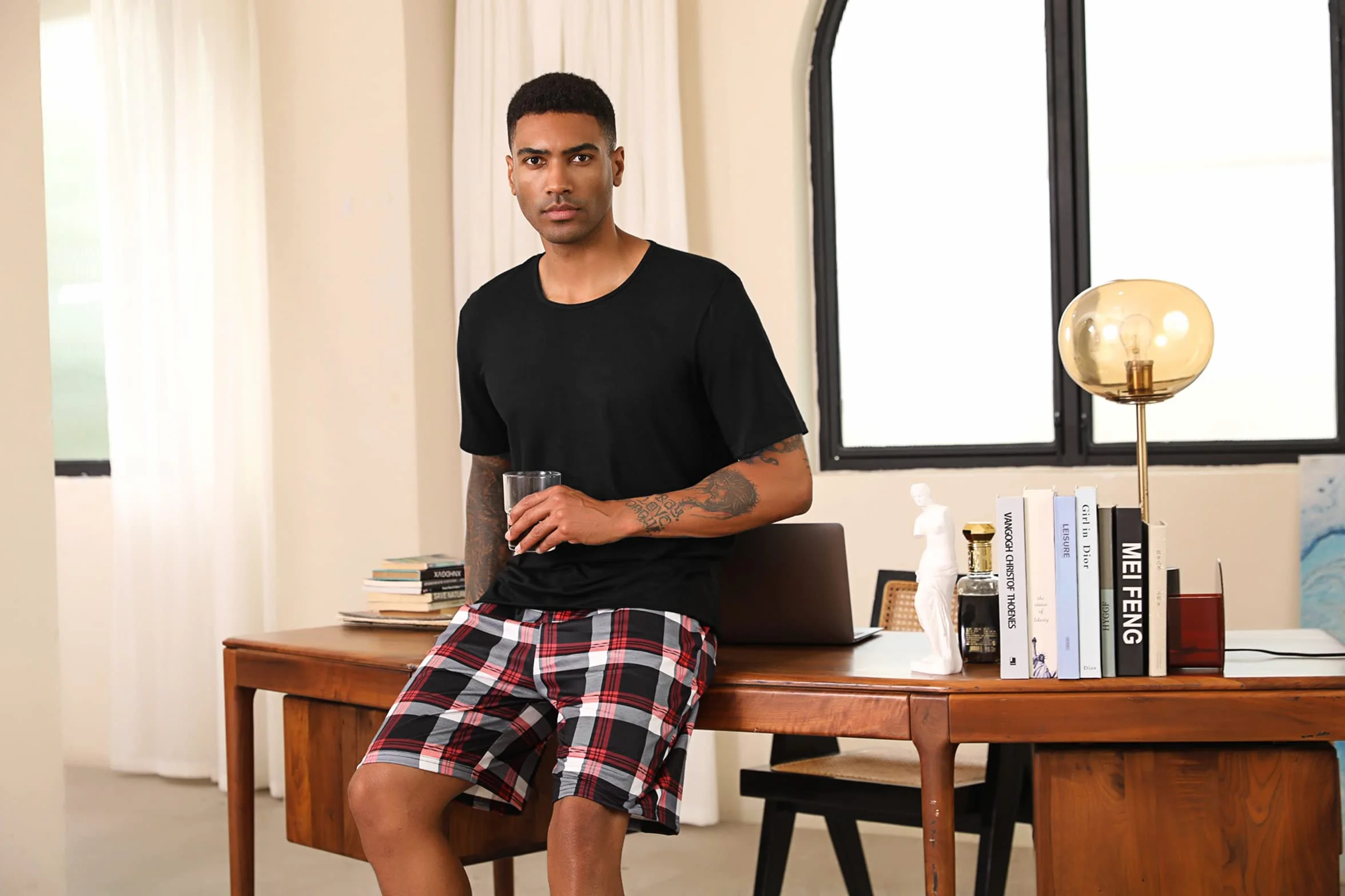 Uniexcosm Pijama Hombre Corto Algodón Cuadros 2 Piezas Cuello Redondo con Bolsillo
