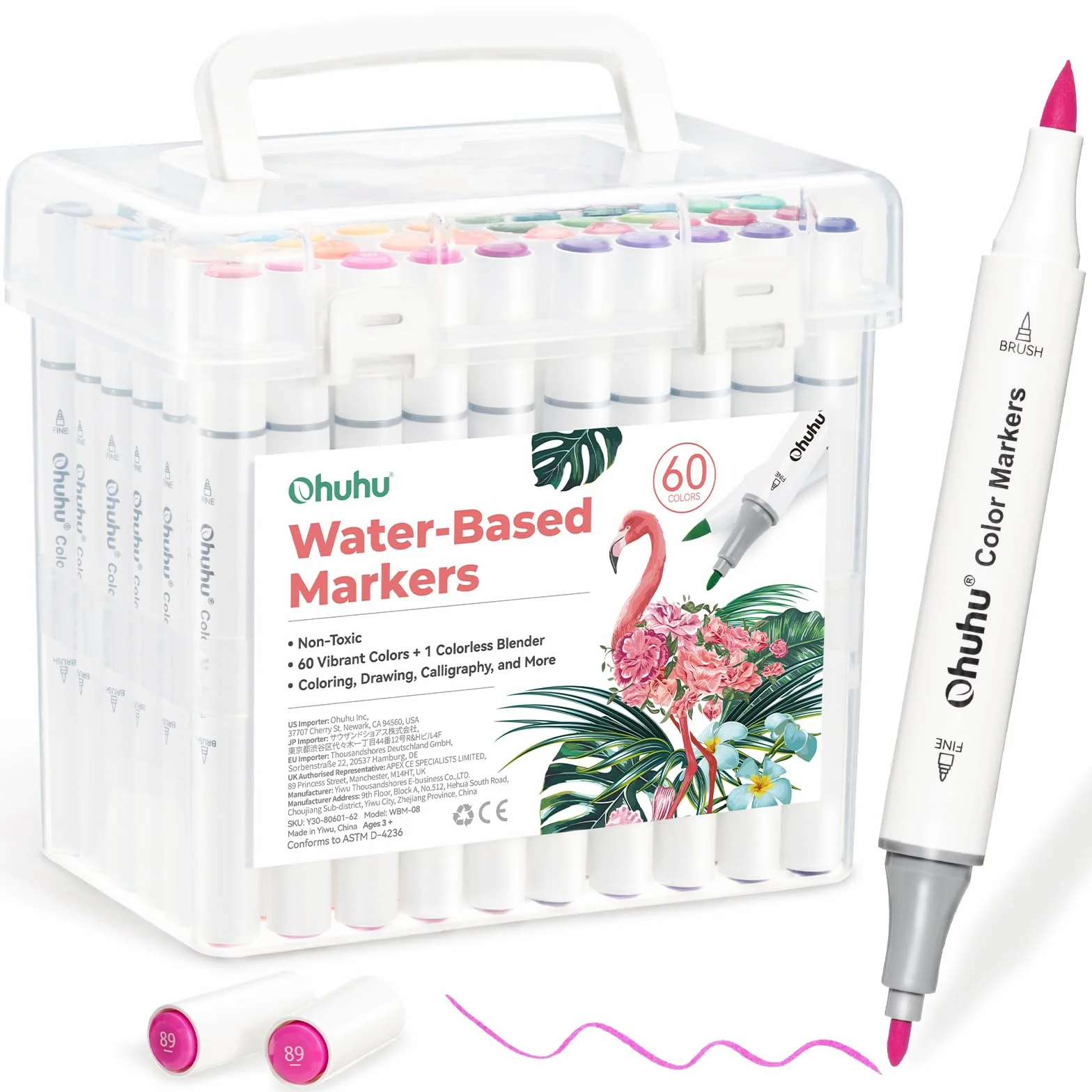 Ohuhu Marcadores para libros para colorear para adultos, sin sangrado, 60 colores, a base de agua, doble punta, pincel y marcadores de colores finos para niños, adultos, principiantes, bolígrafos de
