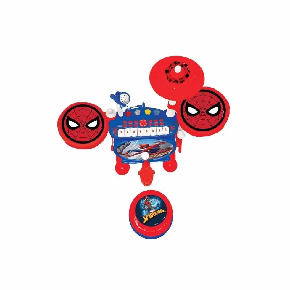 Lexibook, Spider-Man, Juego electrónico para niños, Juego Musical de Juguete, Sonido de batería Realista, Teclado de 8 Teclas, MP3 Plug, Asiento Incluido, Azul/Rojo, K610SP