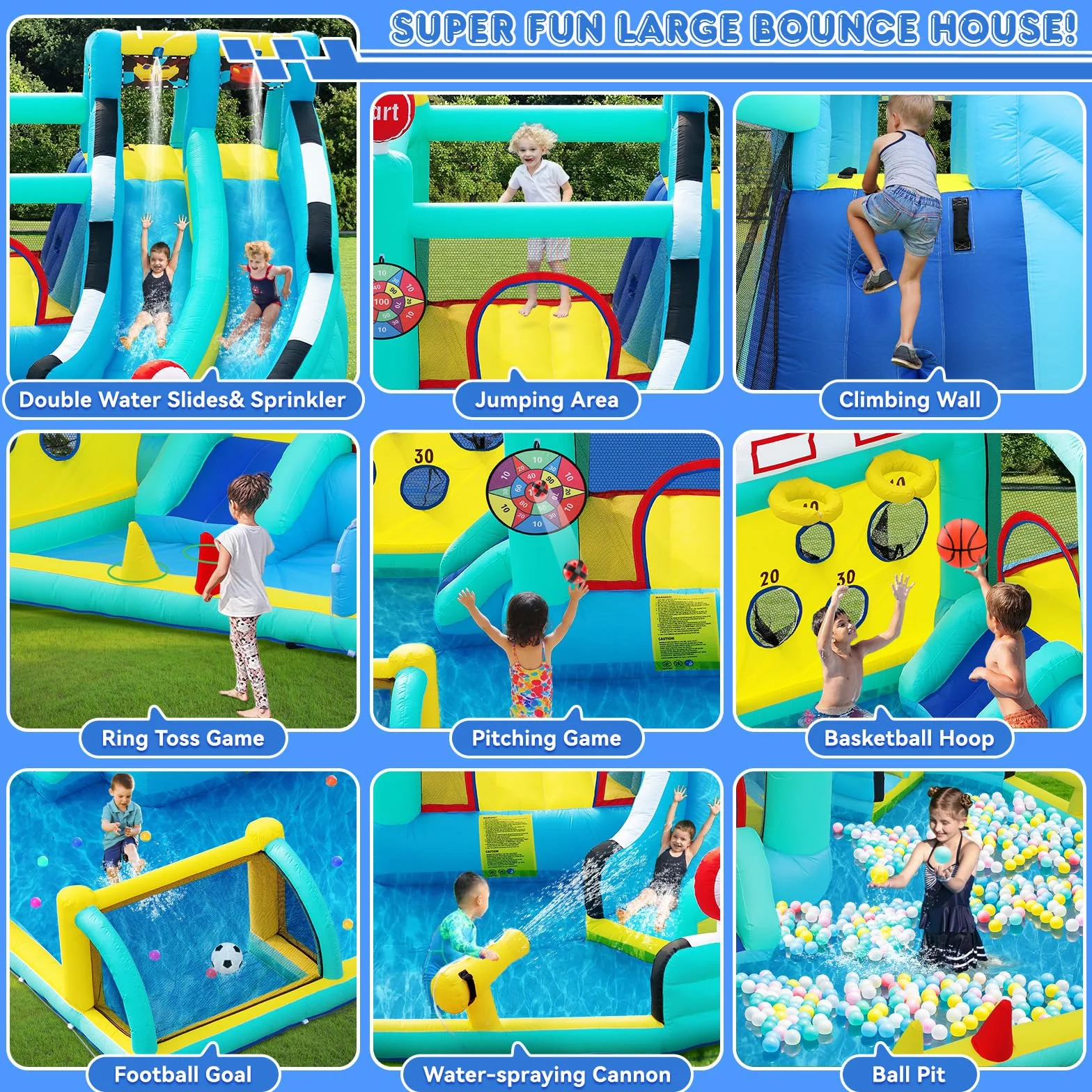 Castillo Hinchable Grande con Tobogán de Agua y Soplador, para Niños con Trampolín, Rocódromos, Baloncesto, Piscina, Peso 225 kg, para 4 Niños de 3 a 10 Años, 470×400×220 cm