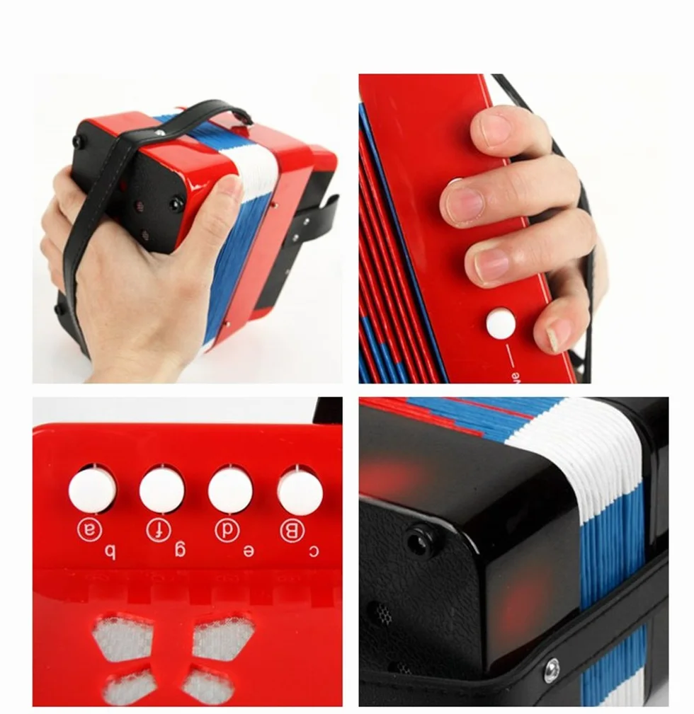 Instrumentos de teclado de juguete de acordeón con botones para niños con 7 teclas de agudos, 3 válvulas de aire, correa de mano, juguete musical (negro)