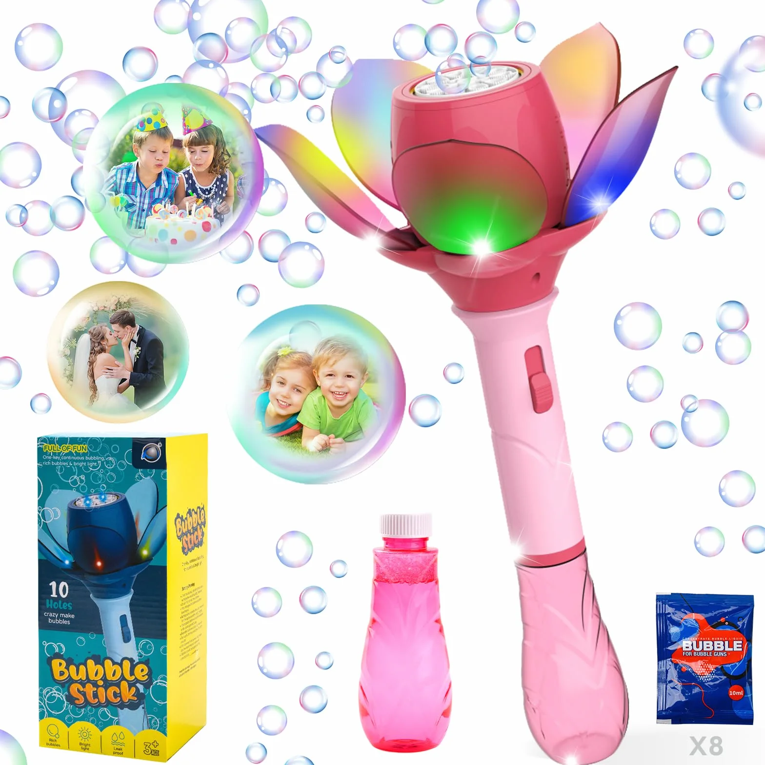 Flor de Loto Máquina de Burbujas, Pistola de Burbujas para Niños 10000+ Burbujas/Minuto, Pistola Pompas de Jabon Niños con 120ml solución y 8X 10ml Concentrado de Burbujas