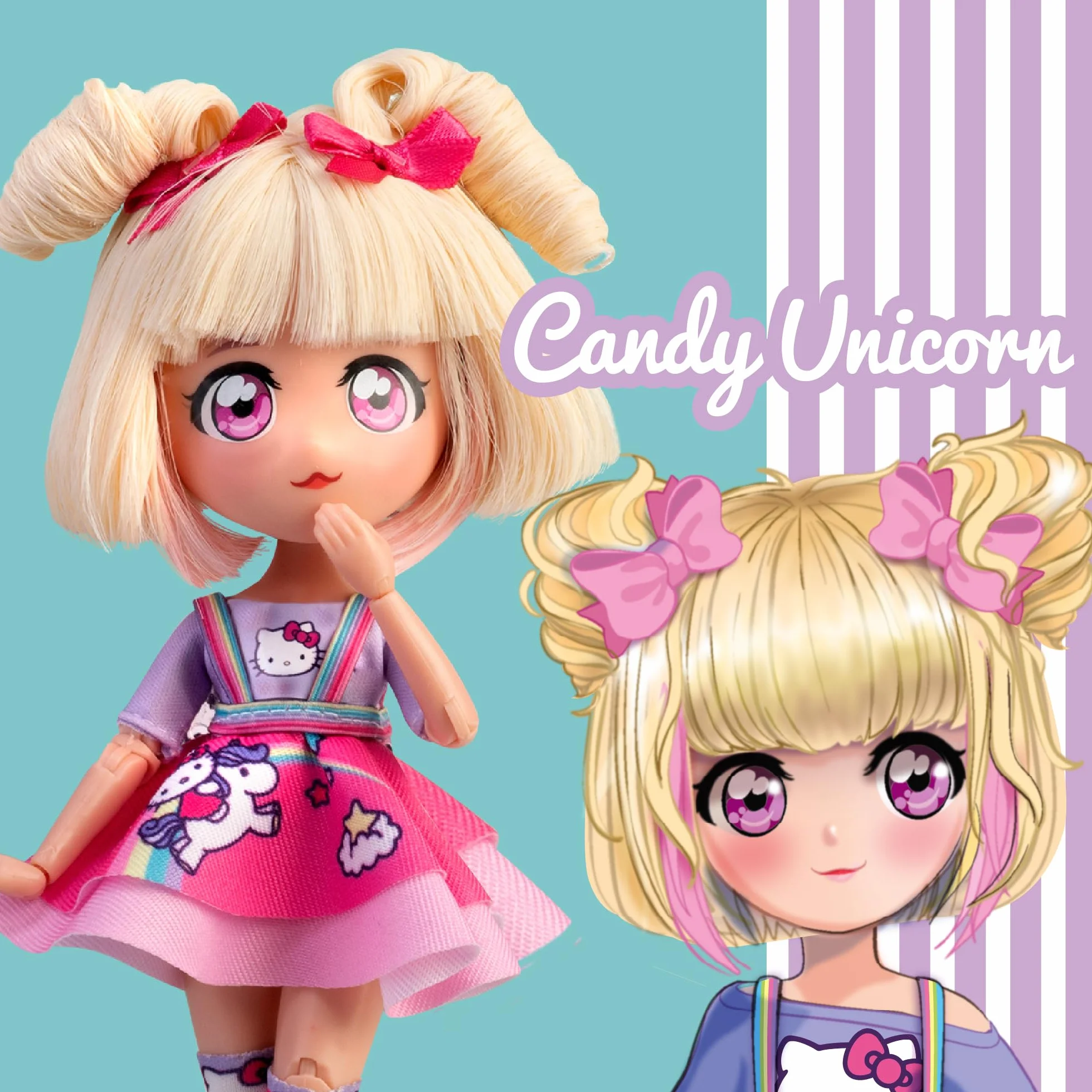4SF - Hello Kitty Manga Doll Candy Unicorn, Muñeca Fashion Japonesa con Looks a la Moda Manga, Figura de 19,5 cm con 15 Puntos de Articulación, Pelo Rubio, Accesorios Incluidos, Famosa (HKTF0400)