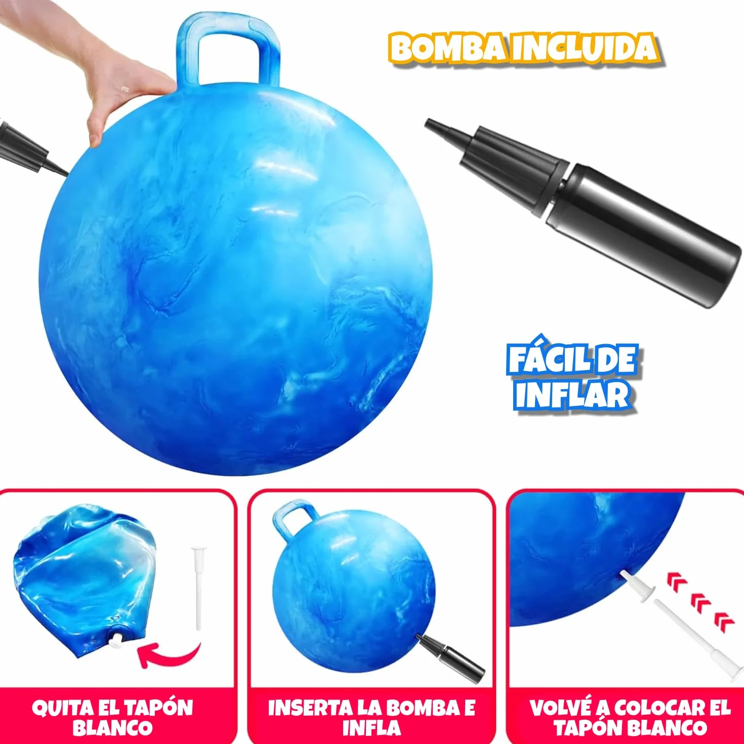 Bedwina Pelota saltarina niños – Pelota de 50,1 cm con asa y Bomba, Juguete Inflable Duradero y Seguro para Saltar y Jugar en Interiores y Exteriores