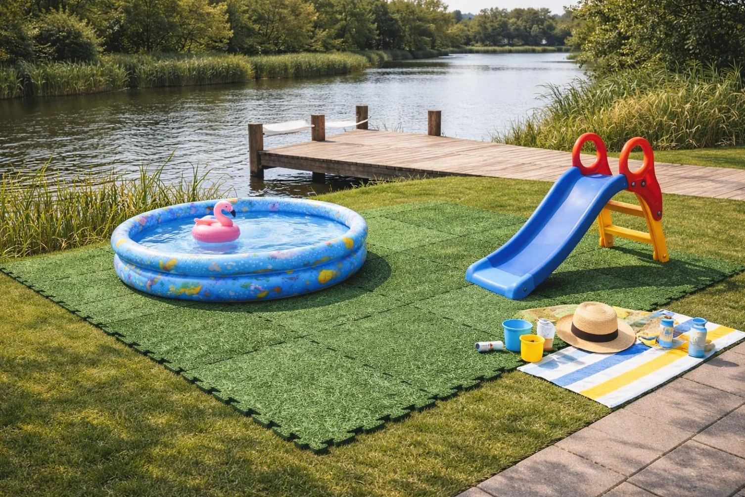 Baldosas de Foam para Piscina 50 x 50 cm – Set de 8 Piezas Tipo Puzzle – Base Exterior Extra Gruesa y Suave para Piscina, Piscina Infantil, Zona de Juegos & terraza – Efecto césped