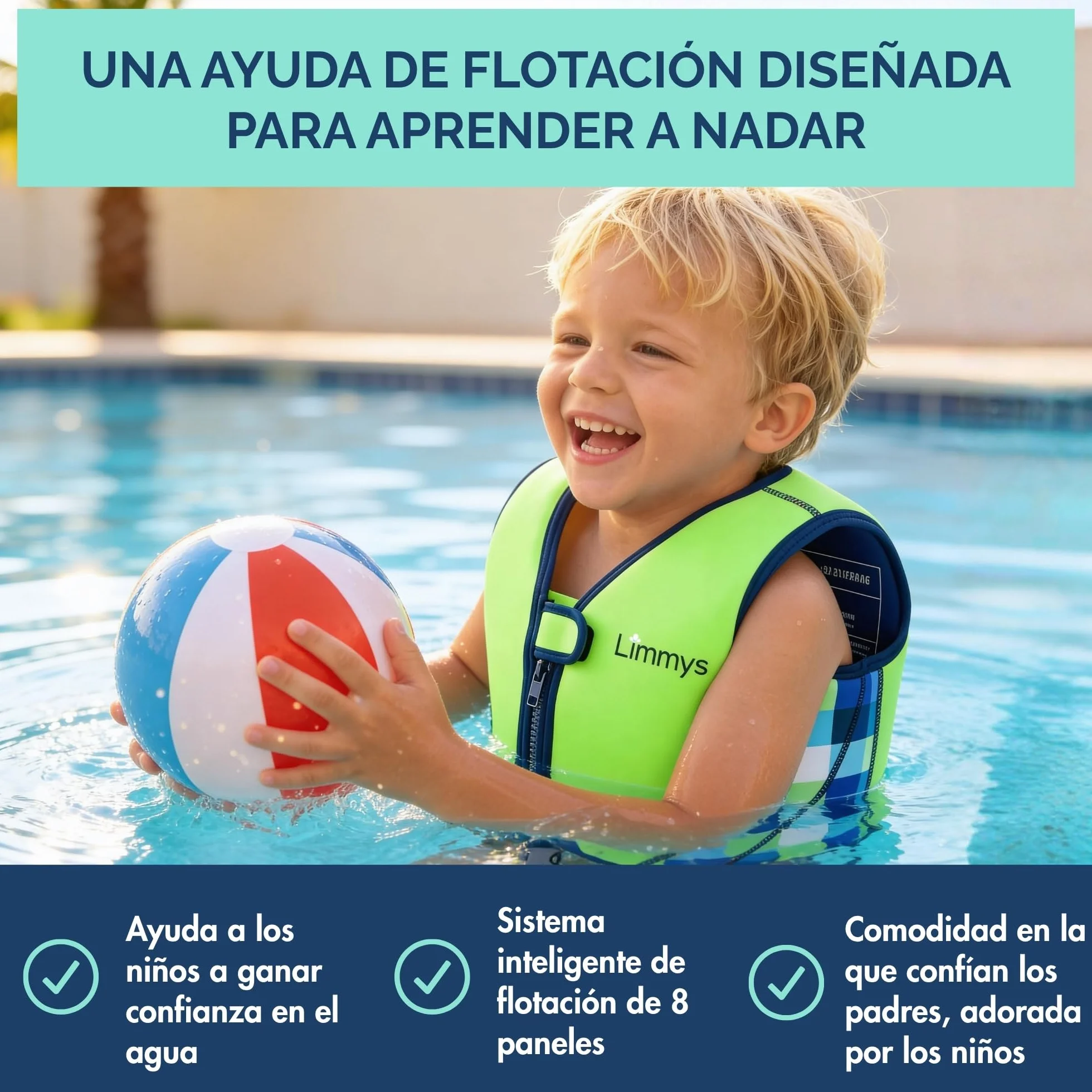 Chaleco de Natación Limmys para Niños – Sistema de Flotación Ajustable de 8 Paneles, Certificado CE, Neopreno Suave