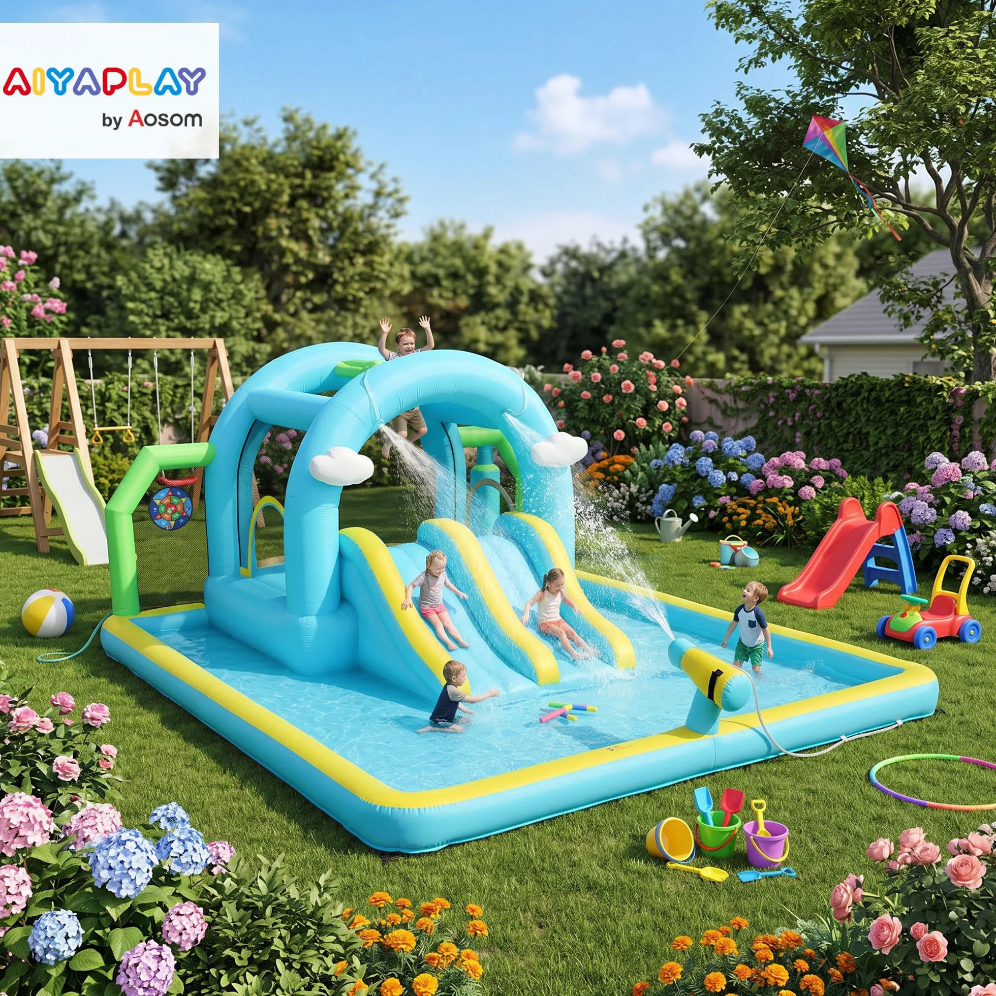 AIYAPLAY Castillo Hinchable Grande Acuático 7 en 1 con Soplador 450W Hinchable para Niños con Tobogán Seco/Agua, Trampolín, Piscina, Canasta, Columna de Boxeo Exterior/Interior 3-8 Años 426x360x198 cm