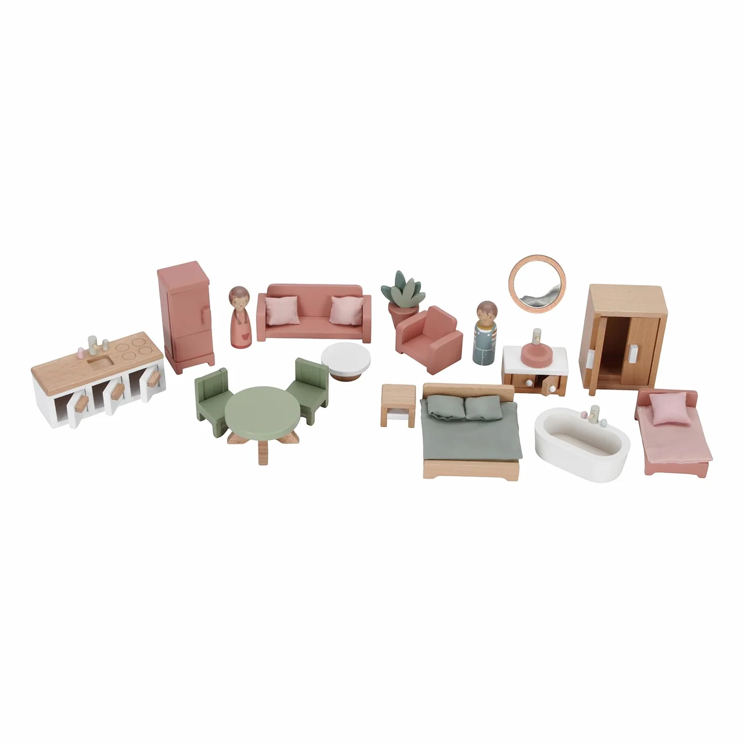 Little Dutch Casa de muñecas grande de madera desplegable con muchos accesorios, figuras de juego y muebles, color blanco y rosa