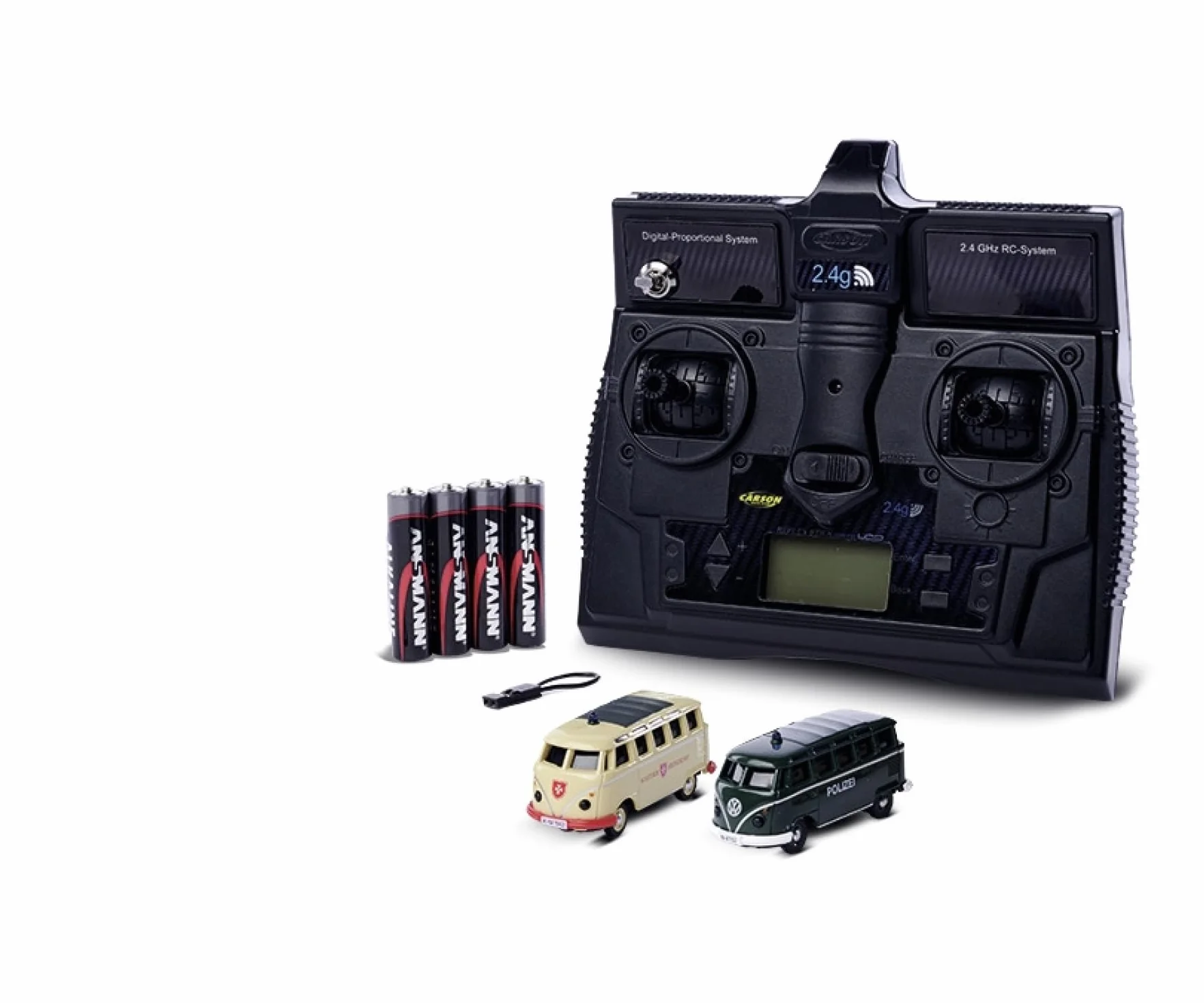 Carson 500504152 1:87 VW T1 Police+ Maltese Combo 2,4GHz LCD - modelo listo para conducir, mando a distancia de 2,4 GHz con conexión de carga, incl. 4 pilas AAAA de emisor, con iluminación LED, manual