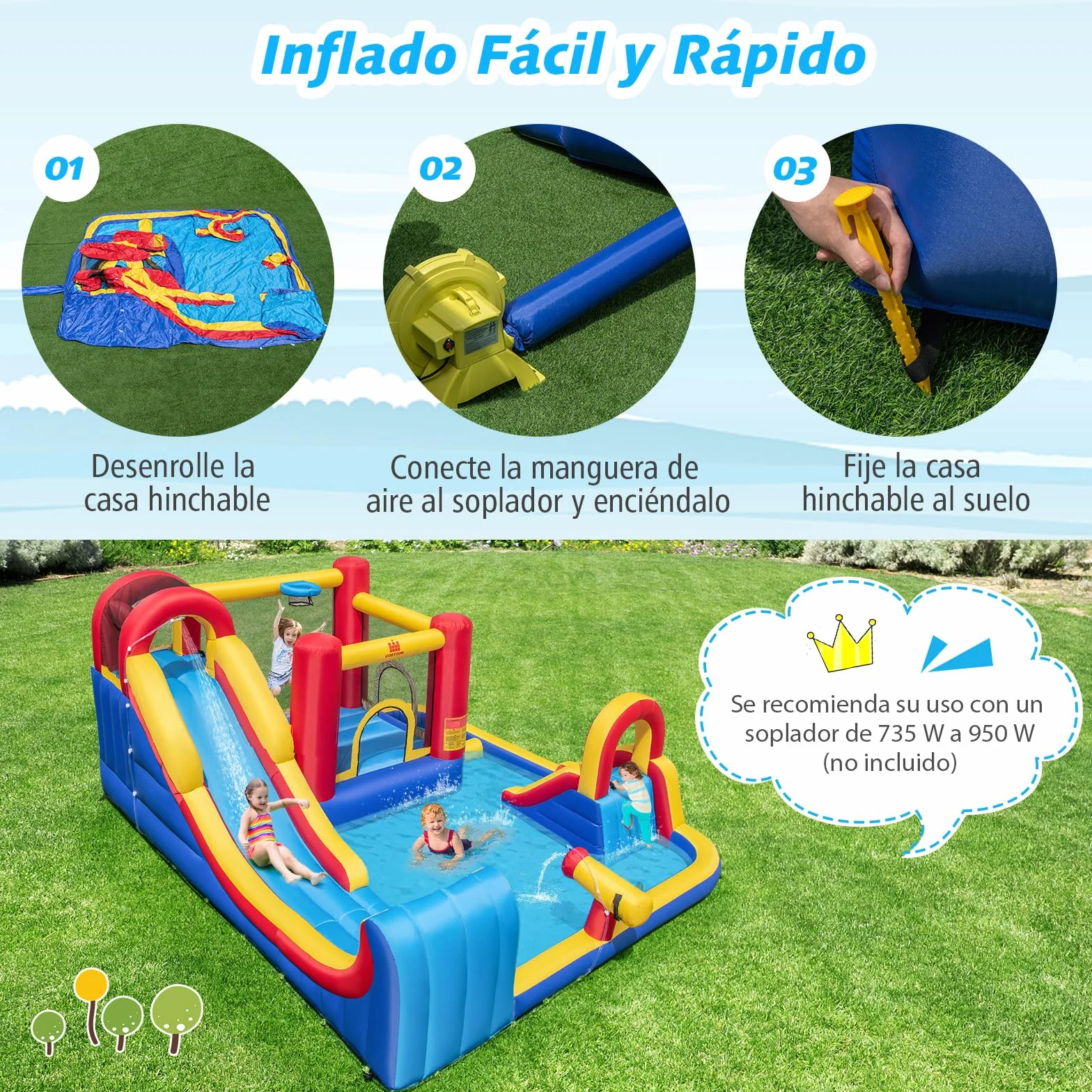 COSTWAY Castillo Hinchable Grande, Parque Acuático Infantil con Doble Tobogán, 2 Piscinas, Área de Salto y Aro de Baloncesto, 450 x 392 x 216 cm, para Jardín Patio, Multicolor (sin Soplador)
