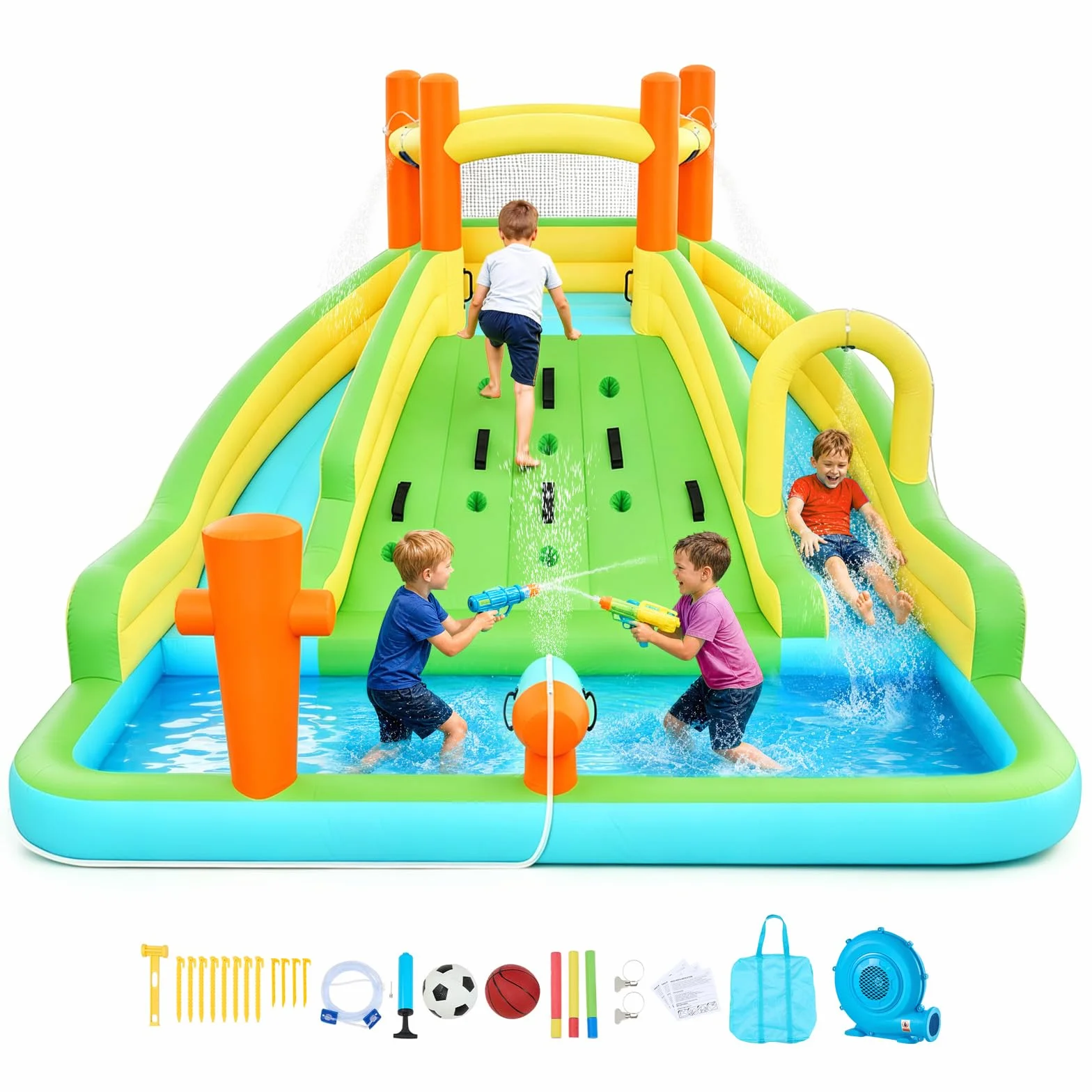 VEVOR Castillo Hinchable con Soplador 405 x 347 x 255 cm, Parque Infantil Inflable con 2 Toboganes Acuáticos, Piscina de Chapoteo, Muro de Escalada y Zona de Rebote para 3 a 4 Niños de 3 a 8 Años