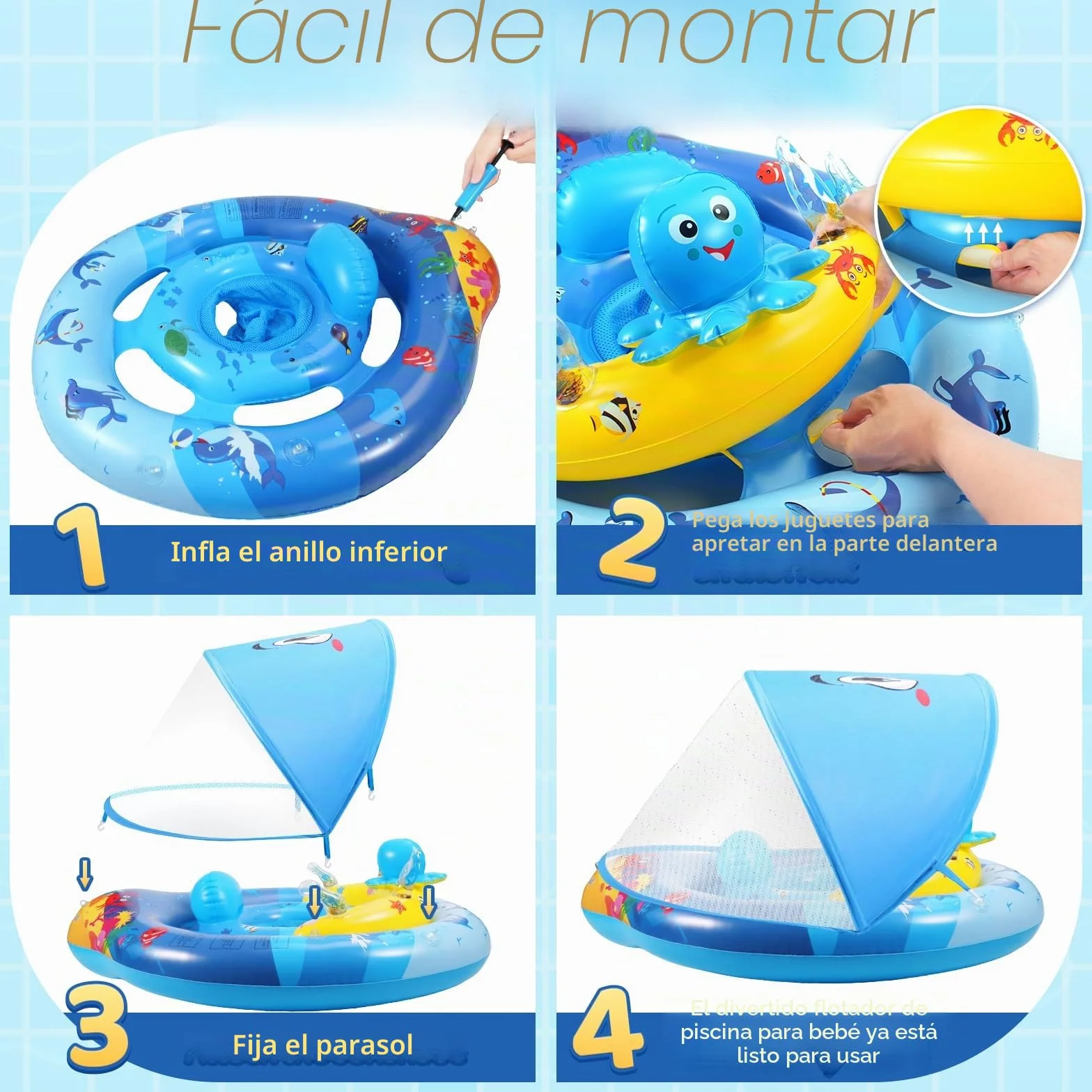 ZOOI Flotador Bebe con Sombrilla Partir de 6 Meses, UPF 50+ Flotador Bebe con Sombrilla y Asiento de Seguridad, Entrenador de NatacióN Adecuado Para 10-20 KG, Bola de Equilibrio Para Evitar Vuelcos
