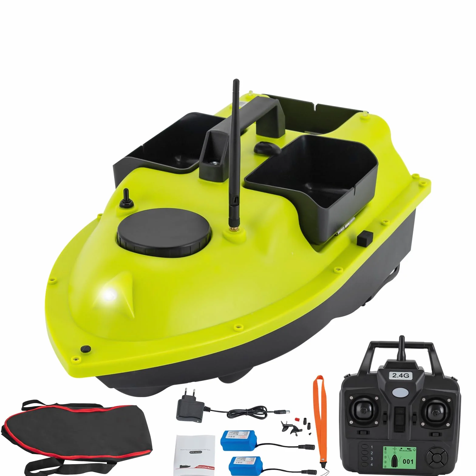 Barco de pesca con GPS, 99 posiciones, motor dual de 52 W, batería de 90 min, alcance de 600 m, mando a distancia LCD, incluye bolsa de transporte
