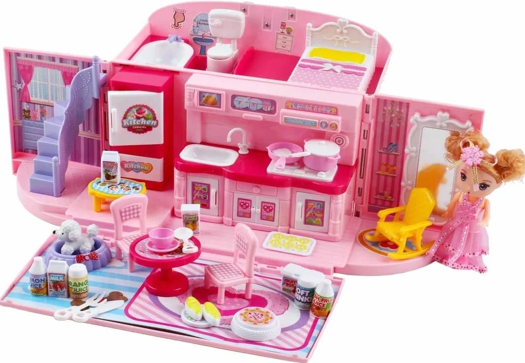deAO Casa de Muñecas Portátil: Casa de Muñecas con Diseño de Bolso para Niñas a Partir de 3 Años, Juguete Plegable para Viajar con luz y Música, Incluye Muñeca, Perro y Muebles, Regalo (Rosa)