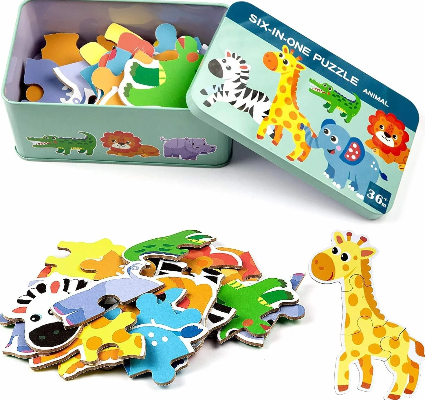 6 Pack Rompecabezas Puzzle Juguetes Bebes para Niños de 1 2 3 4 5 Años, Puzzle, Regalos 3D Patrón Puzles, Montessori Educativos, con Caja de Rompecabezas de Metal - Animal
