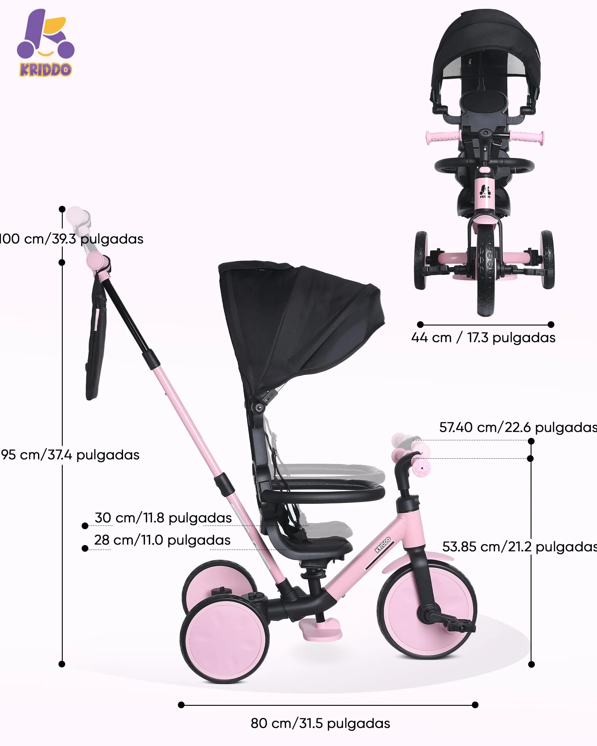 KRIDDO Triciclo Evolutivo 8 en 1 para Niños de 18 Meses a 5 Años, con Barra de Empuje, Triciclo y Bicicleta con o sin Pedales, Arnés de 5 Puntos Mejorado, Capota Plegable y Bolsa, Rosa