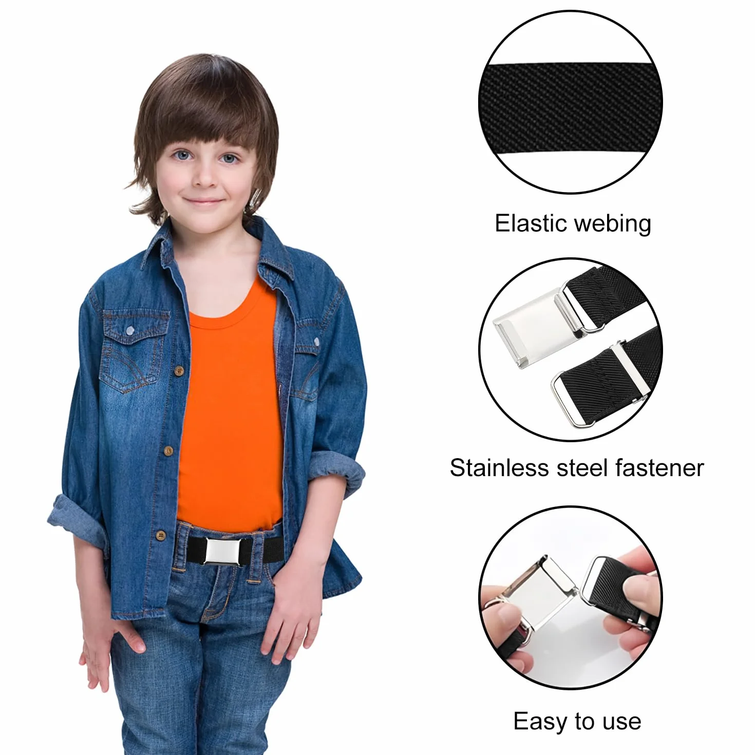 Cinturón Infantil Ajustable 2 Piezas, Cinturón Elástico para Niños y Niñas con Hebilla Magnética, Negro + Gris
