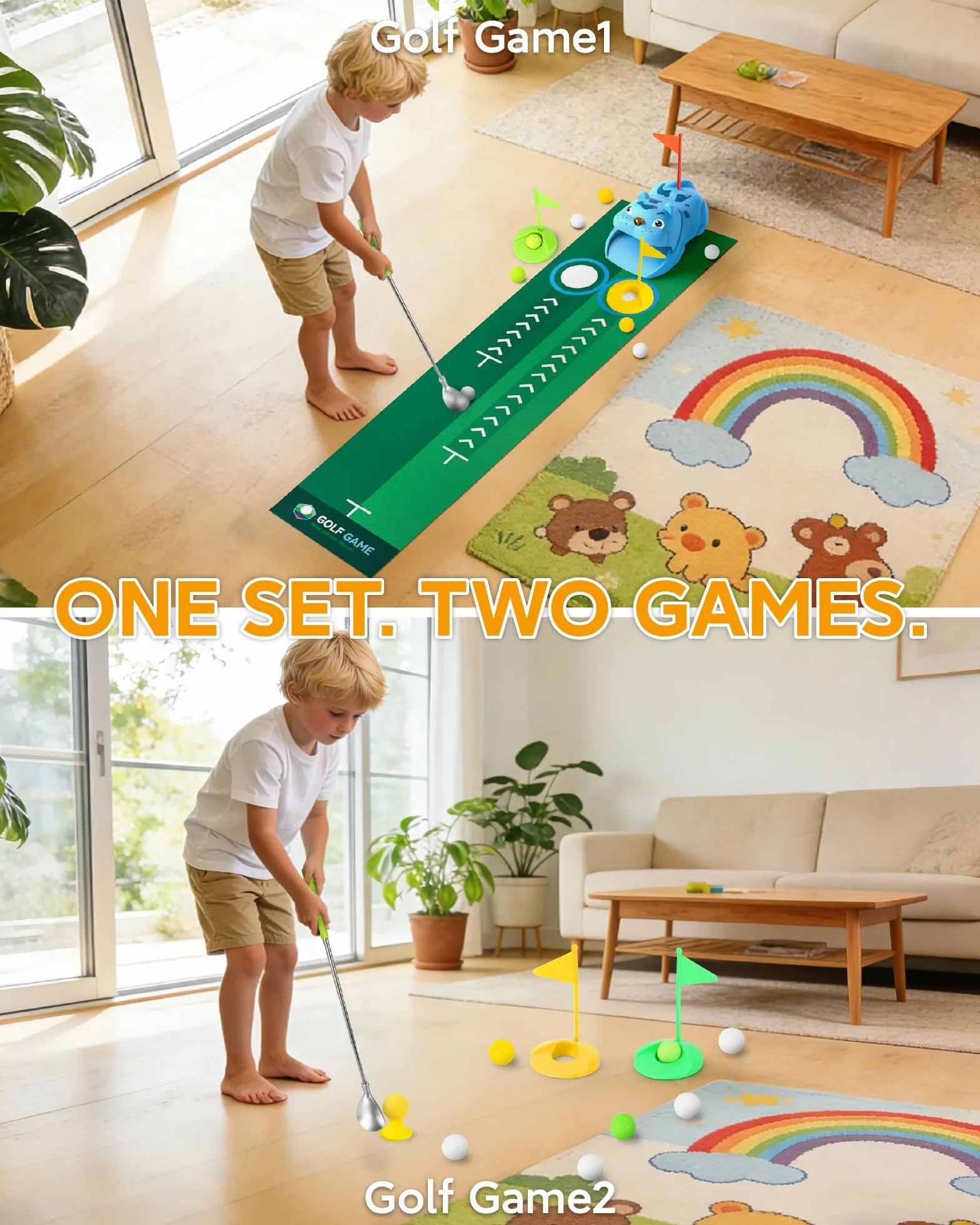 Set de Mini Golf para Niños con Devolvedor Automático de Bolas, Juegos de Golf Interior y Exterior con Pelotas Noctilucent Luminosa LED, 3 Palos Telescópicos, Regalo para Niños y Niñas desde 3 Años