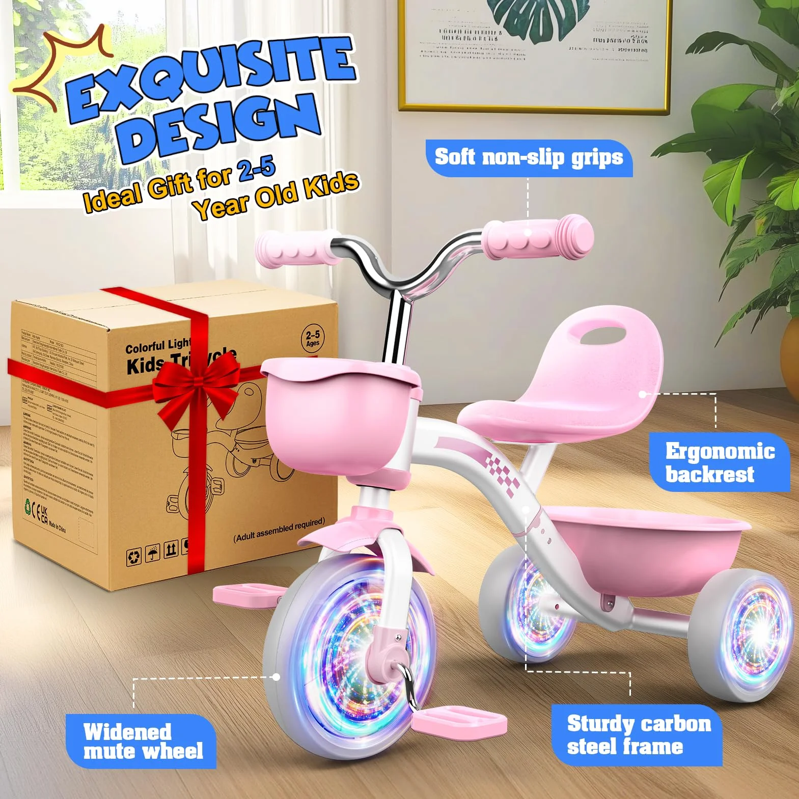 Braxel Triciclo para Niños de 2 a 5 Años, Triciclo Evolutivo con Asiento Ajustable Luces Geniales para Niño y Niña de 1 a 4 Años Carga 35 kg, Rosa