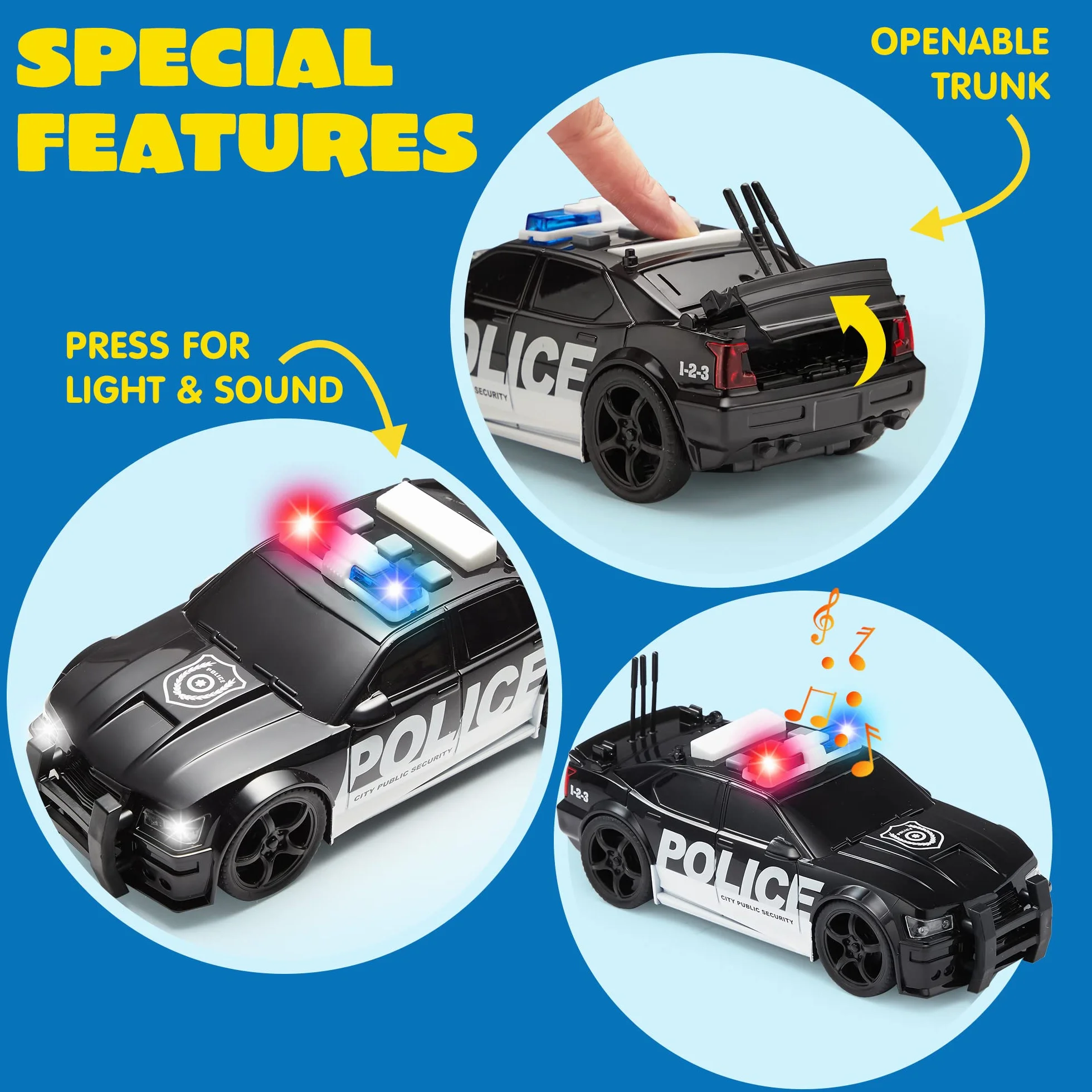 JOYIN Juego de 4 héroes urbanos impulsados por fricción Que Incluye camión de Bomberos, Ambulancia, Coche de policía y helicóptero, vehículos de Emergencia con luz y Sonido