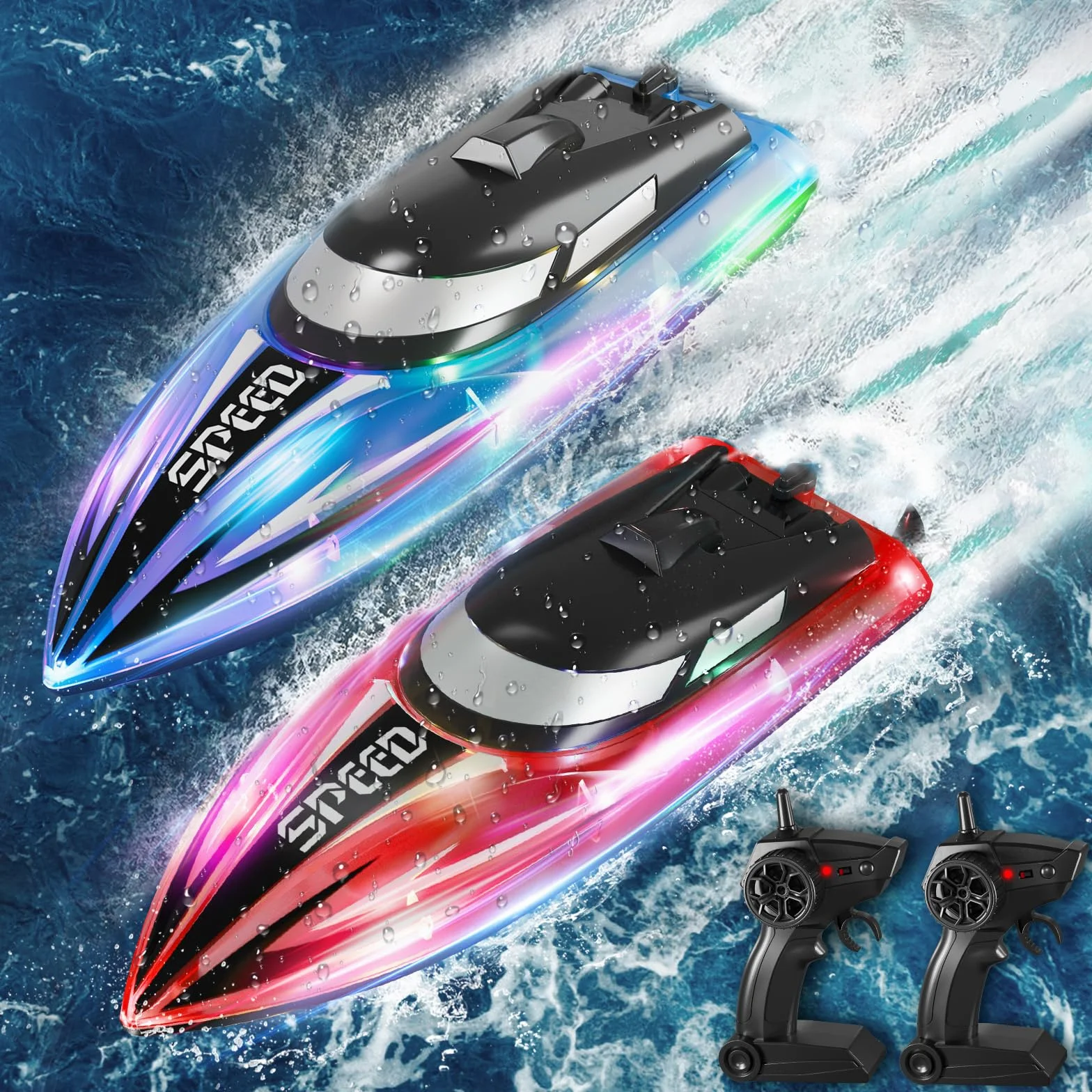JONRRYIN Barco Teledirigido 2 Piezas, 2.4GHz Barcos Teledirigidos con Luces LED y Alarma de Batería Baja, Barcos RC Regalo para Niños y Adulto (Rojo+Azul)