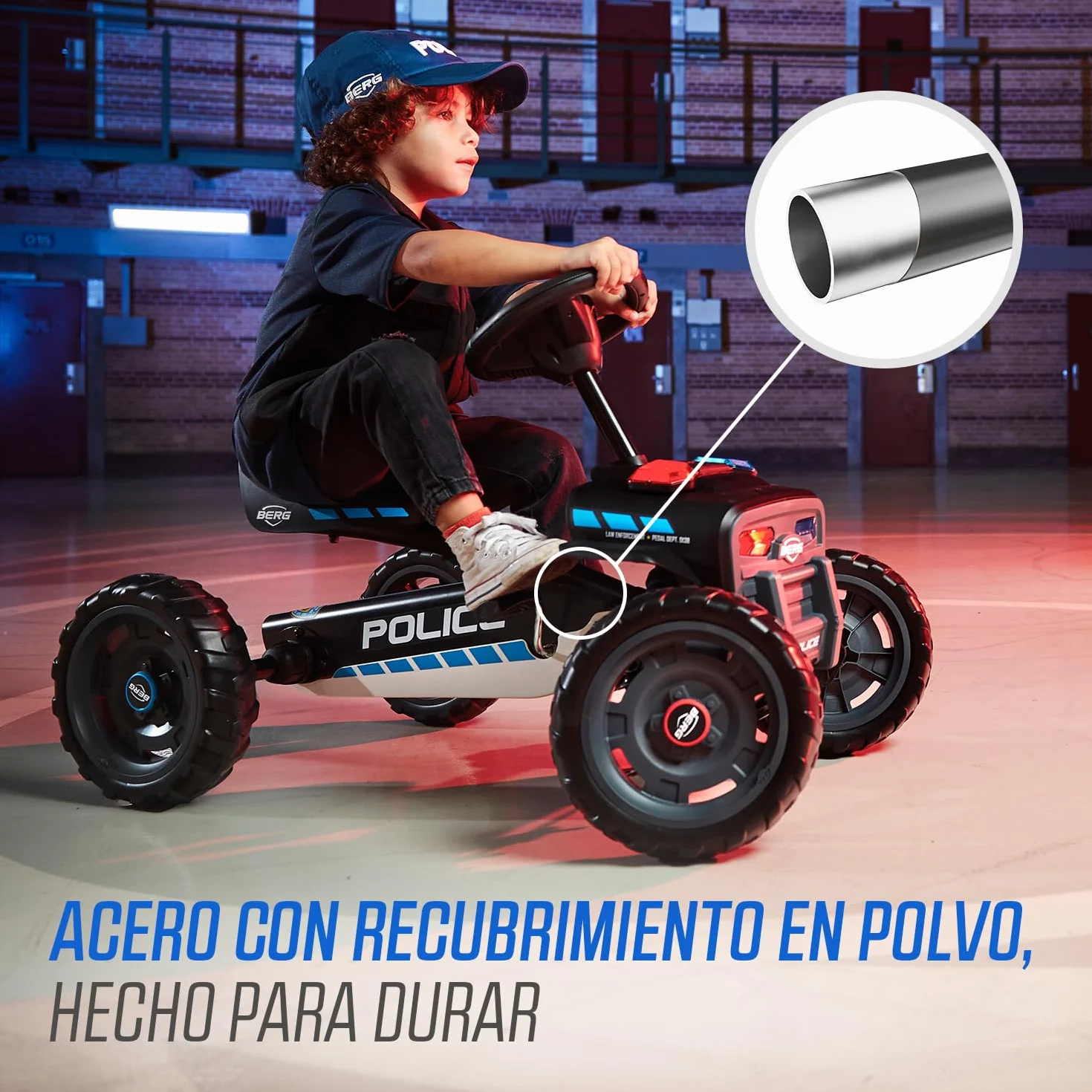 BERG Kart a Pedales Buzzy Police | 2-6 años, cuadro resistente, asiento regulable, volante regulable