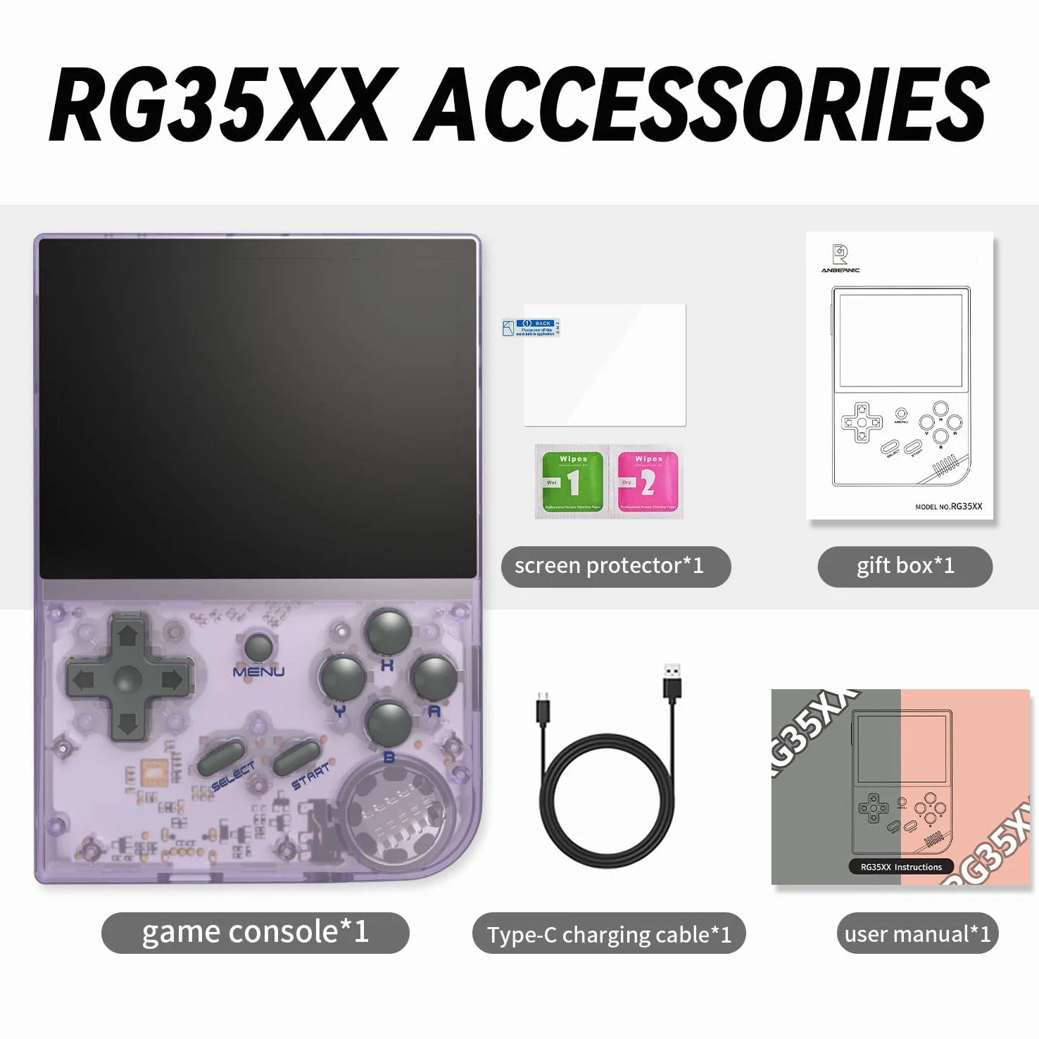 RG35XX - Consola de juegos de mano retro, pantalla IPS de 3.5 pulgadas, sistema Linux integrado, tarjeta TF de 64 G, más de 5000 juegos (morado transparente)