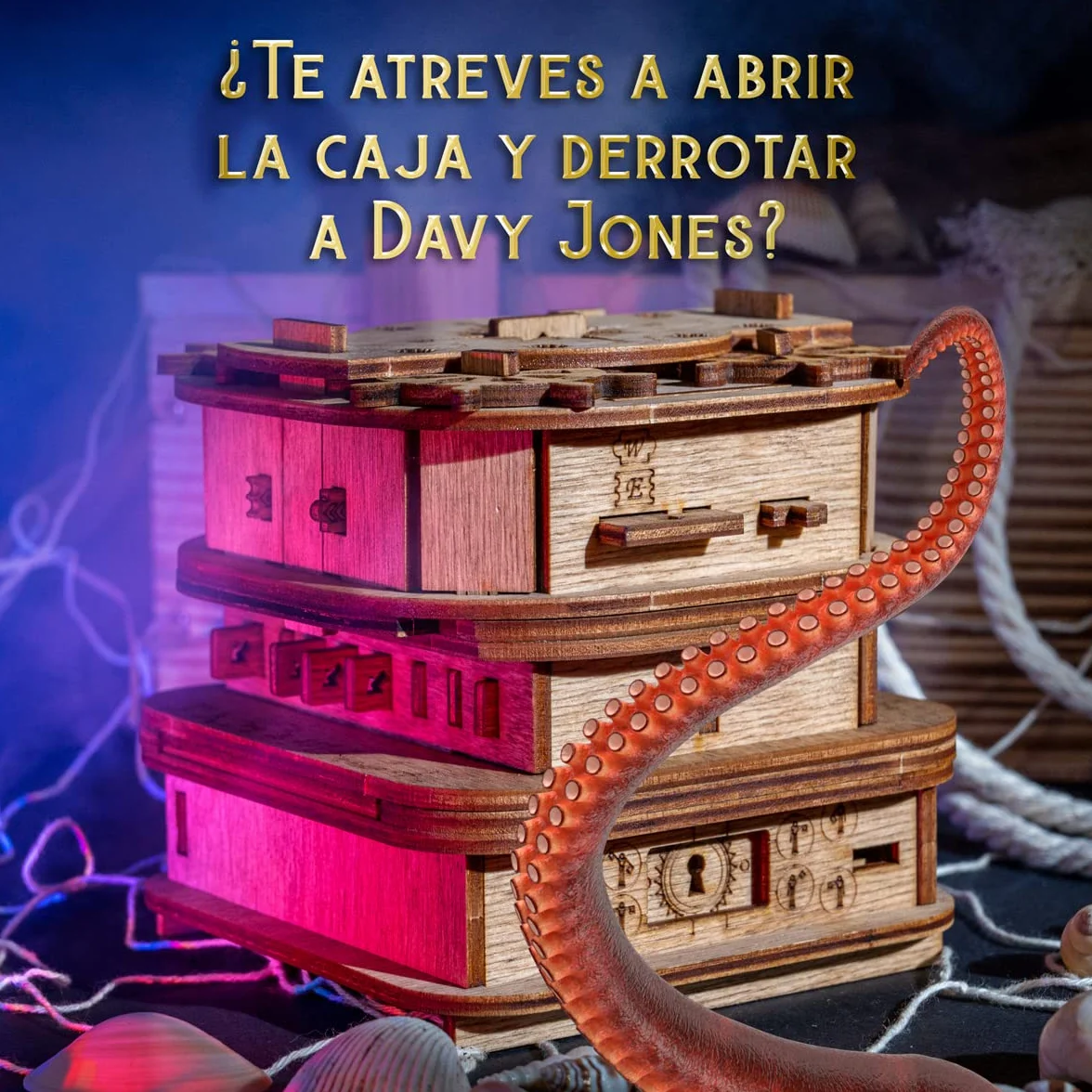 Cluebox, Un juego de escape en una caja, el cofre de Davy Jones, rompecabezas 3D de madera cada de regalo, caja de trucos