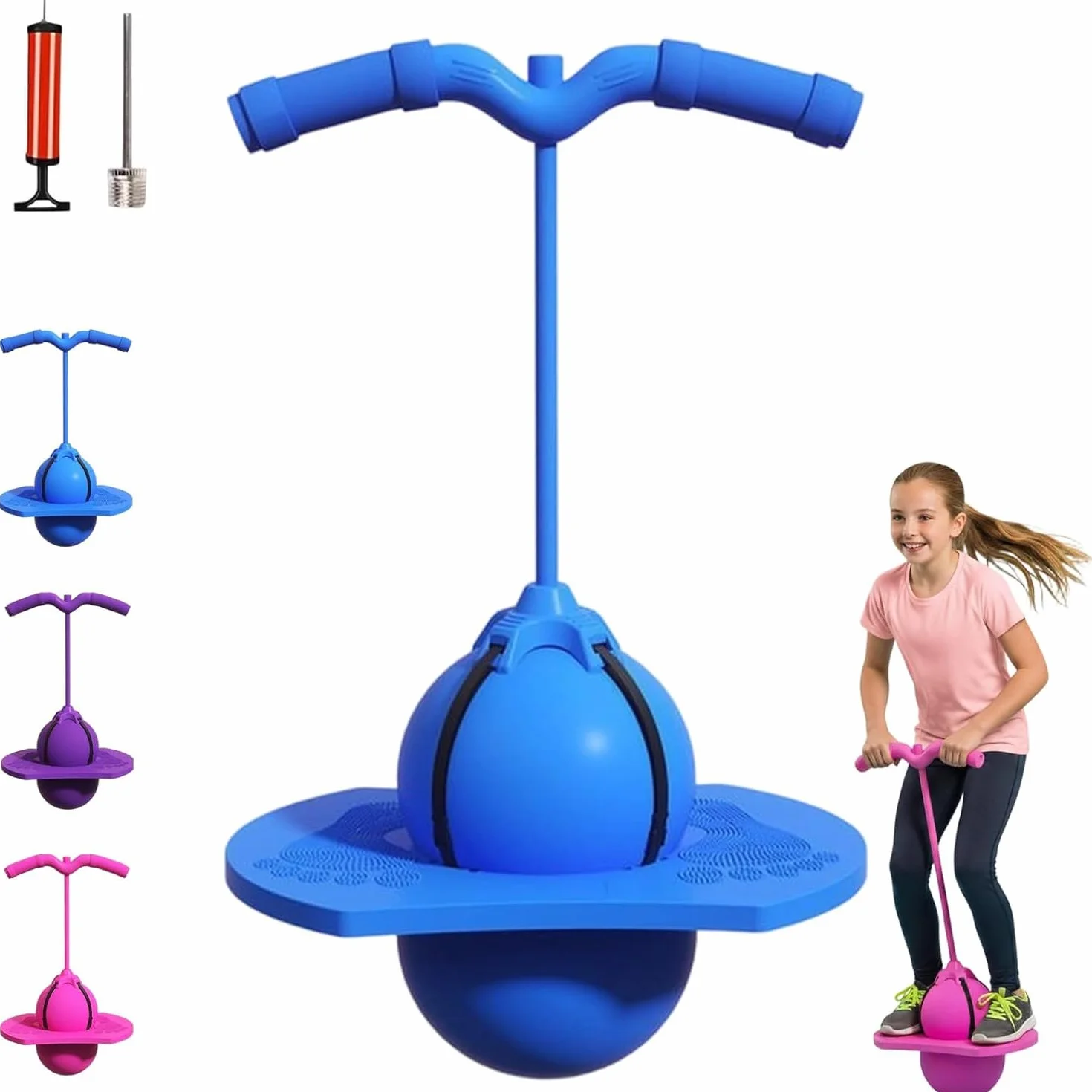 Balón Saltarín Equilibrio Niños, Pogo Ball con Asa, Base Antideslizante, Juguete Interior & Exterior, Deporte y Fitness para Niños y Adultos (Azul)