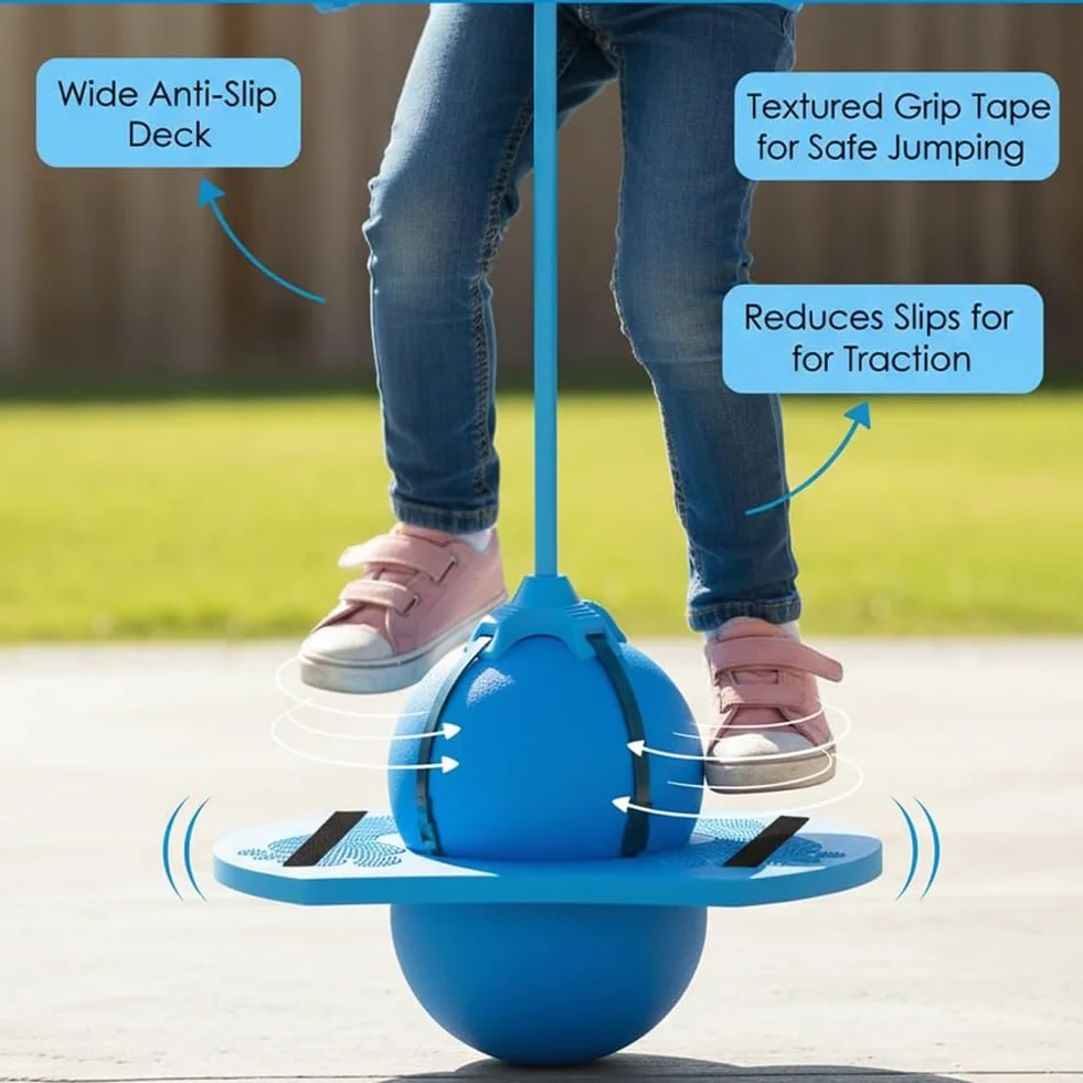 Pogo Jumper Ball for Kids & Adults, Balance Jumping Ball with Handle and Pump, Bounce Jump Trick Board, Strong Grip Deck Sticks for Boys & Girls, Exercise Balance Coordination Ability (Blue)