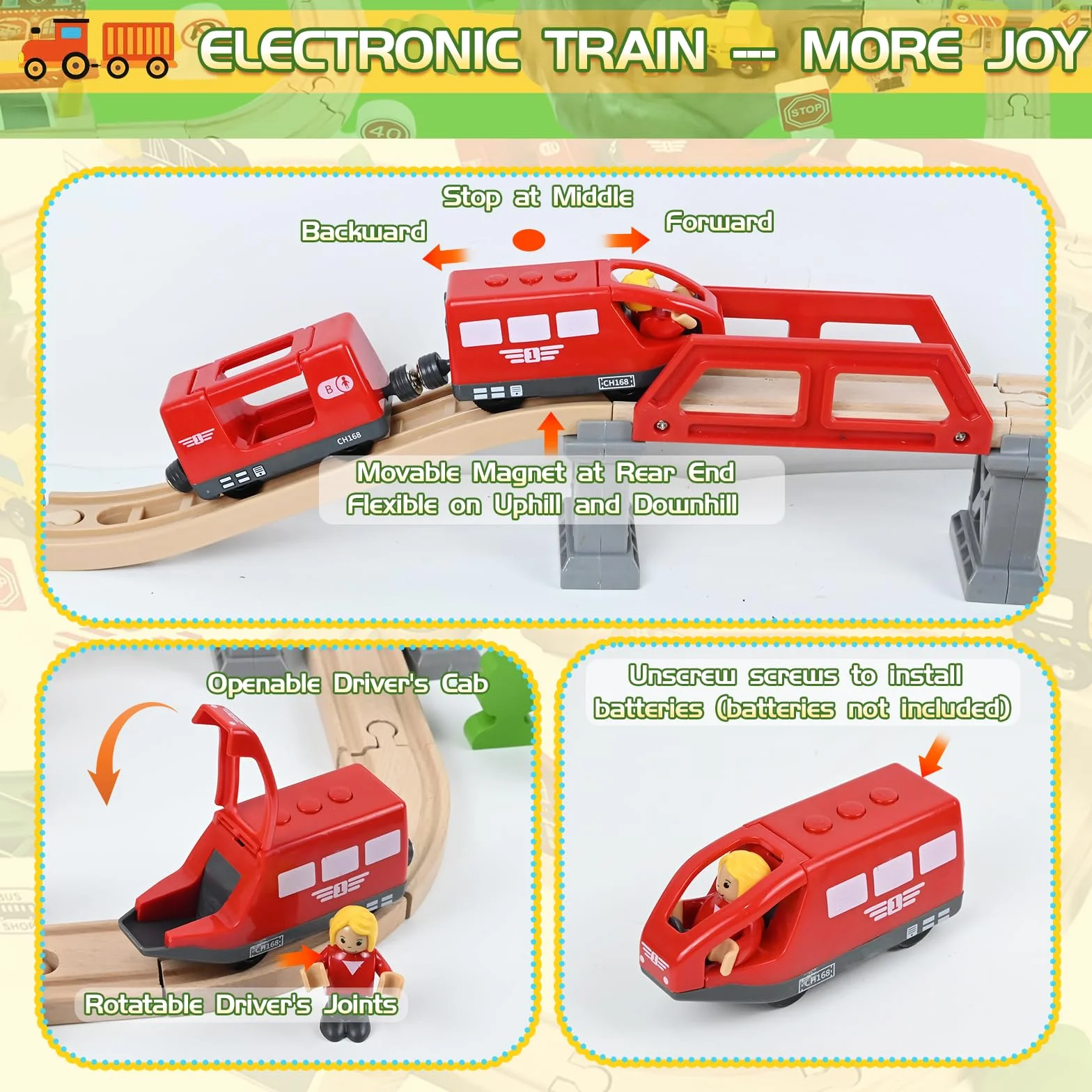HERMORRYSS Tren de Madera para Niños, 100 Piezas Vías de Tren de Madera y Juguetes de TrenS, TrenS Eléctrico, Ferrocarril de Ingeniería con Grúa Magnética, Figuras, Regalo para Niños y Niña de 3+ Años