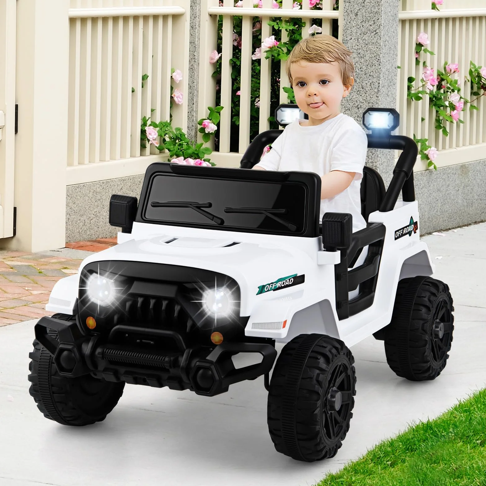 COSTWAY Coche Eléctrico para Niños 12V, Vehículo Todoterreno de Batería con Control Remoto, 3 Velocidades, Luces LED, Música, Bocina y Conexión Inalámbrica, para Niños de 3+ Años (Blanco)