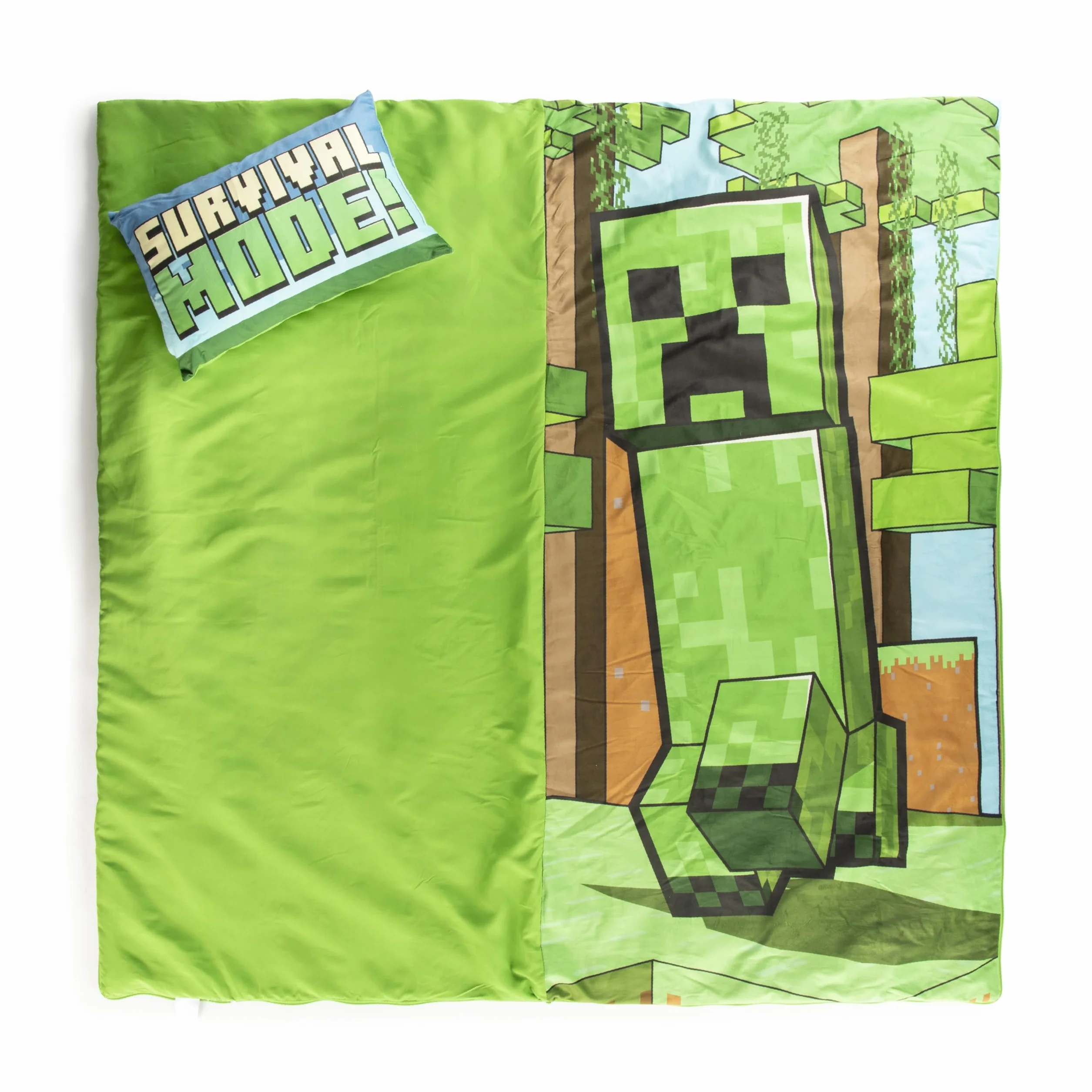 Set de 2 con Almohada y Manta de Creeper de Minecraft, Suave Saco de Dormir Infantil con Bolsa y Almohada, para Fiestas de Pijamas, Viajes y acampadas