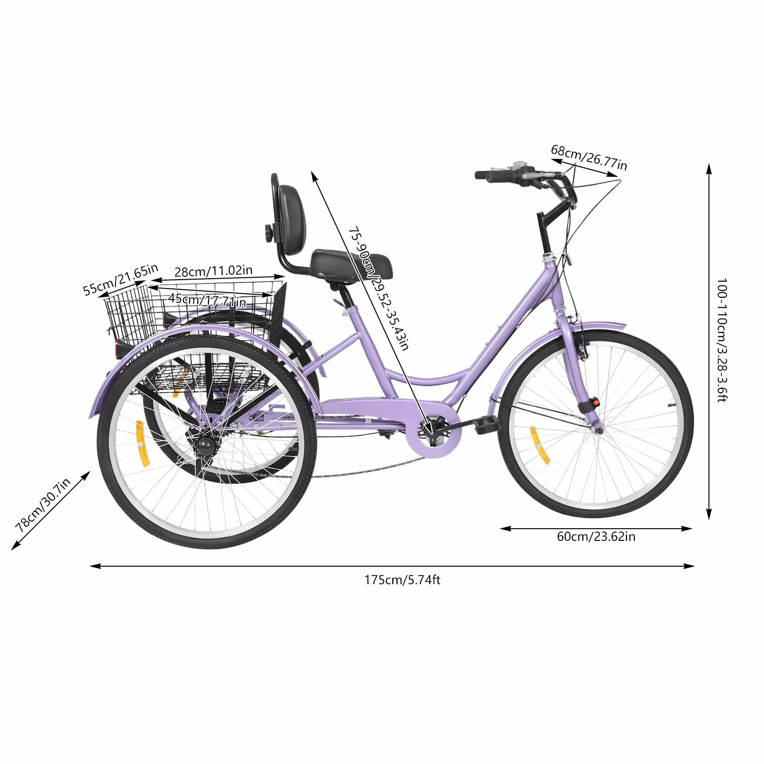 Triciclo de 7 velocidades para adultos,Triciclo adulto,Triciclo de 24 pulgadas,Asiento ajustable,7 velocidades Ricycle con respaldo y cesta de compras y cerradura,Freno delantero en V, freno de