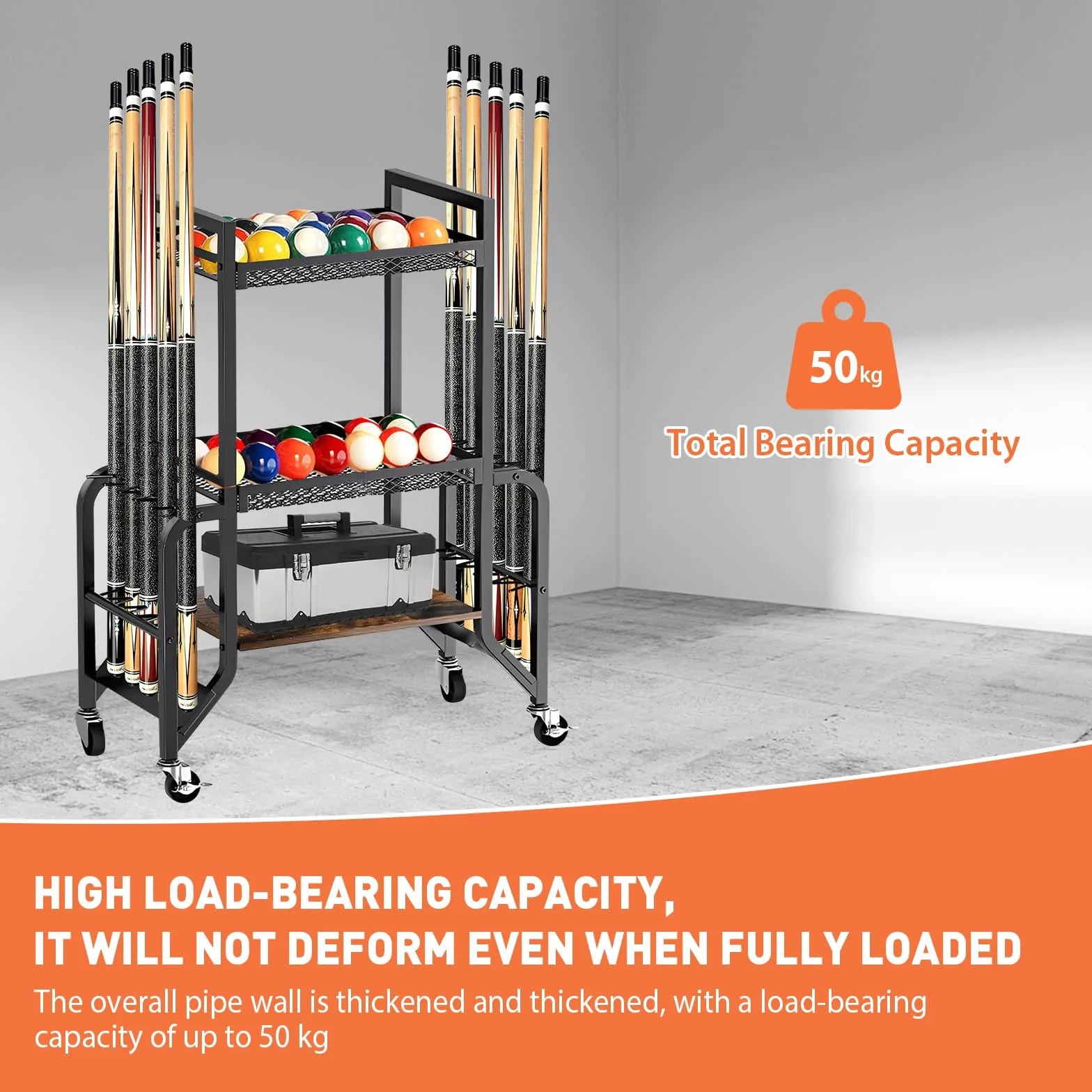 Soporte para taco de billar de 3 pisos para 10 bastones con ruedas