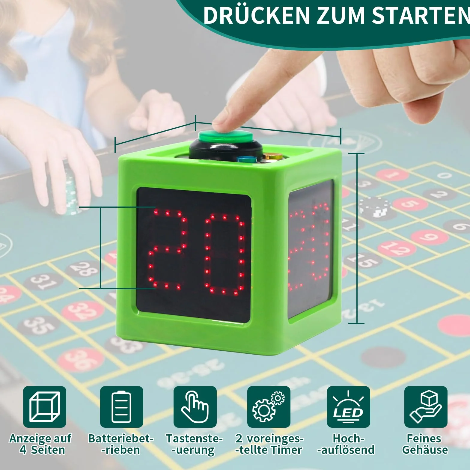 Reloj de Tiro de Póquer, Temporizador de Cuenta Atrás 20/30 Segundos, Dados Temporizador 4 Lados, Verde