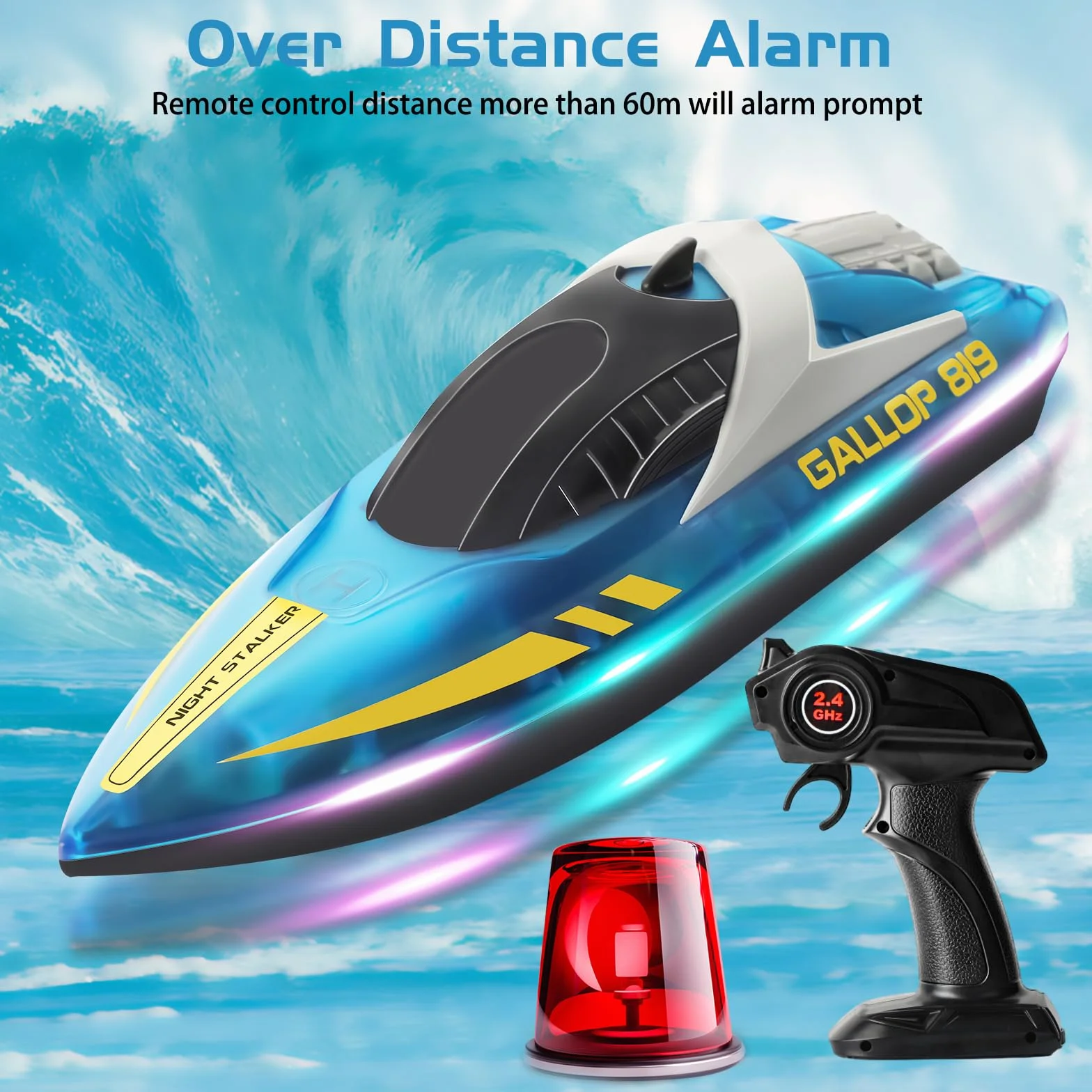 Lancha Teledirigida con Luces LED, 2.4GHz Totalmente Proporcional Barco Teledirigido, Autoenderezamiento Barco RC, para Niños y Adultos, Piscina, Lago, Estanque