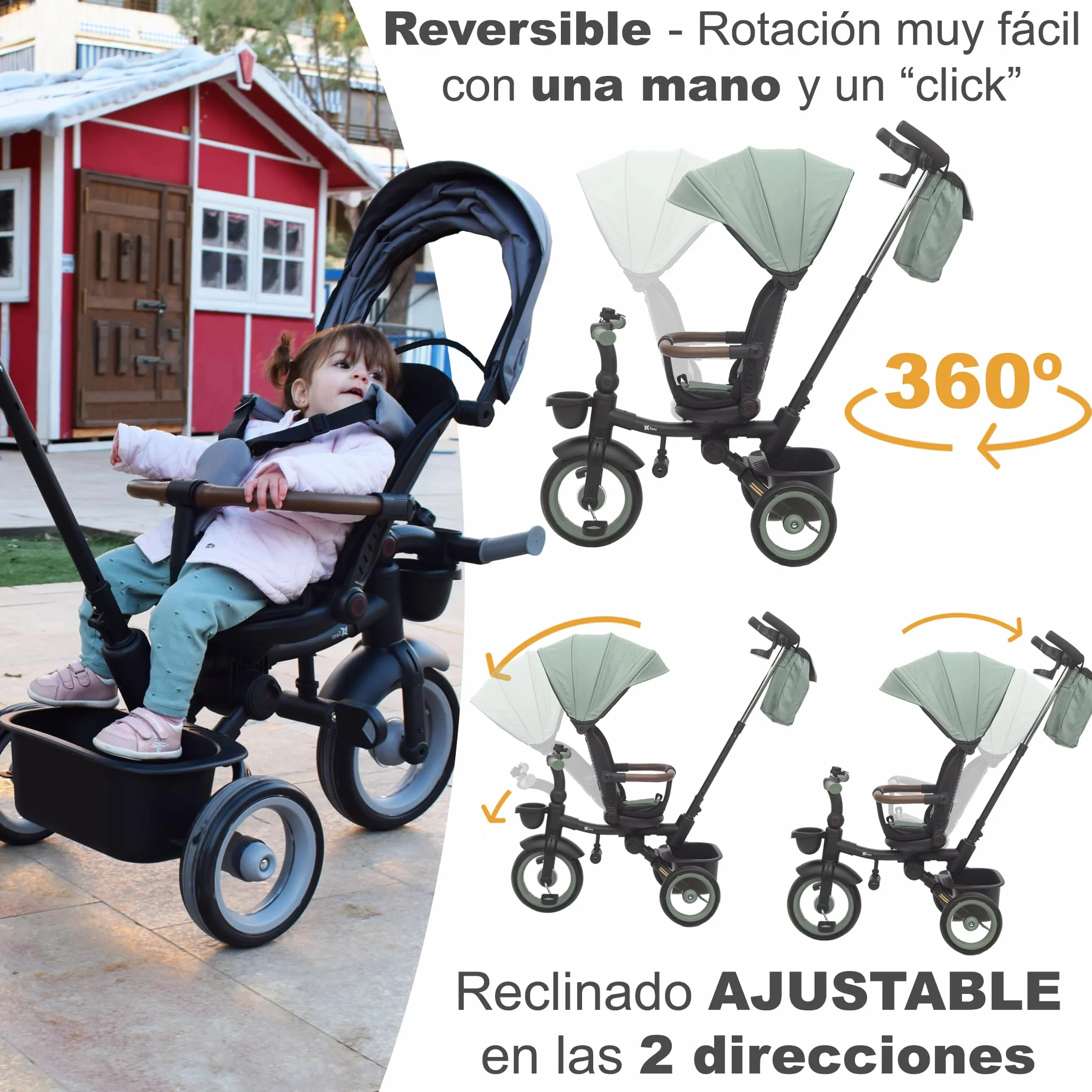 Twinly Triciclo Evolutivo Bebé Plegable Sami, Verde Oscuro | Asiento Reversible 360° , Respaldo Reclinable, Cinturón de 5 Puntos, Capota UPF50+, Plegado Compacto