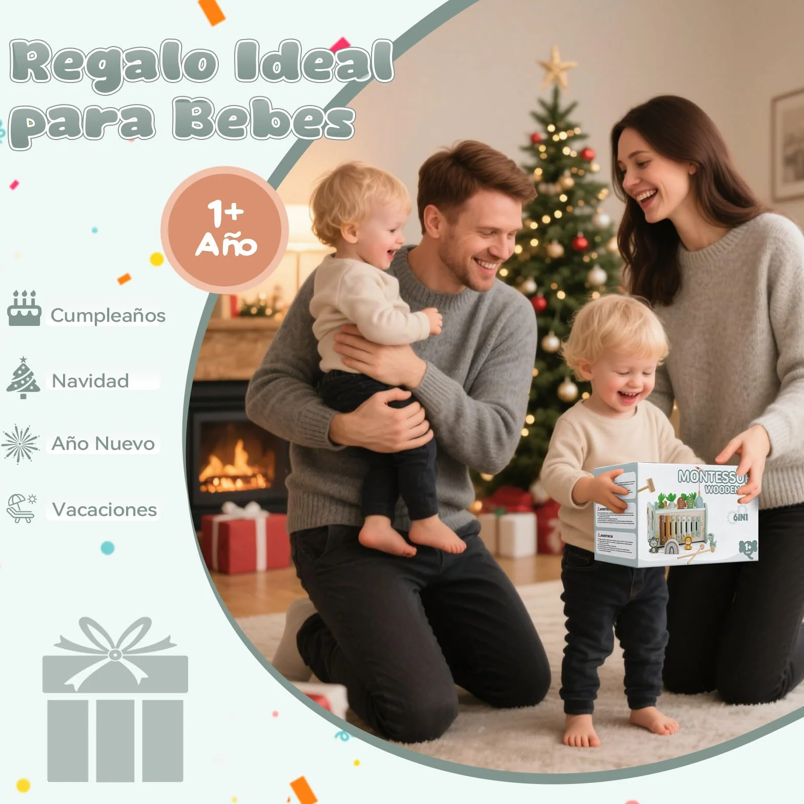 Juguetes Montessori 1 Años, 6 en 1 Juguetes Niños 1 Año, Juguetes Madera con Martillo, Xilofono Bebe, Juego de Pesca, Juegos Sensoriales Educativos Regalo Niño Niña 1 2 3 Años Cumpleaños Navidad