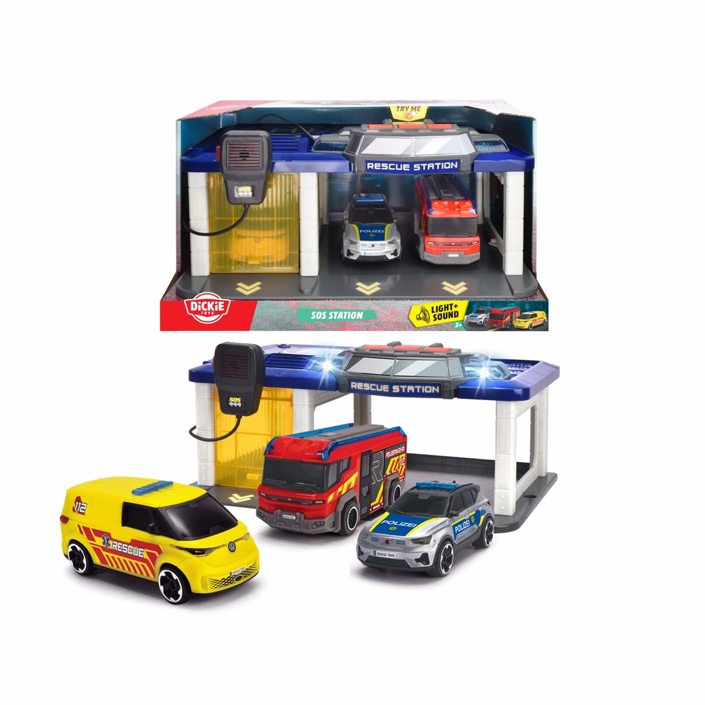Dickie Toys - S.O.S Station para niños a Partir de 3 años (31 x 22 cm) con 3 Coches de Juguete (Coche de policía, Ambulancia, camión de Bomberos), estación de Bomberos y policía con luz y Sonido