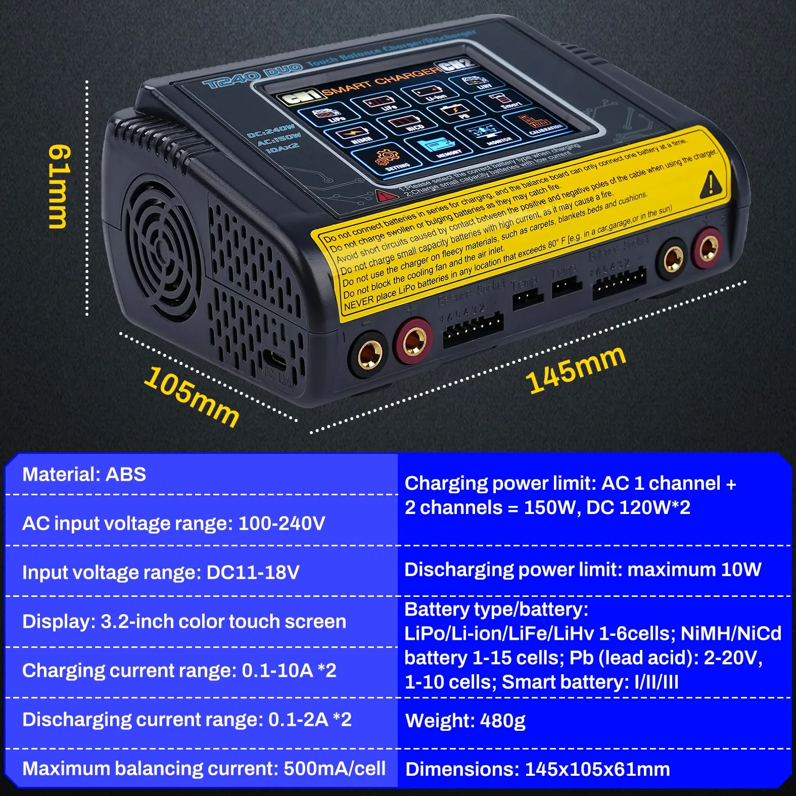 Cargador baterias Coche con equilibrador batería Cargador Dual CC/CA 11-18V 240W CA 100-240V 150W Detección Auto LiPo/Lilon/Life/NiMH/Ni/PB/NiMH Pantalla táctil LCD de 3,2 Pulgadas 10A (T240)