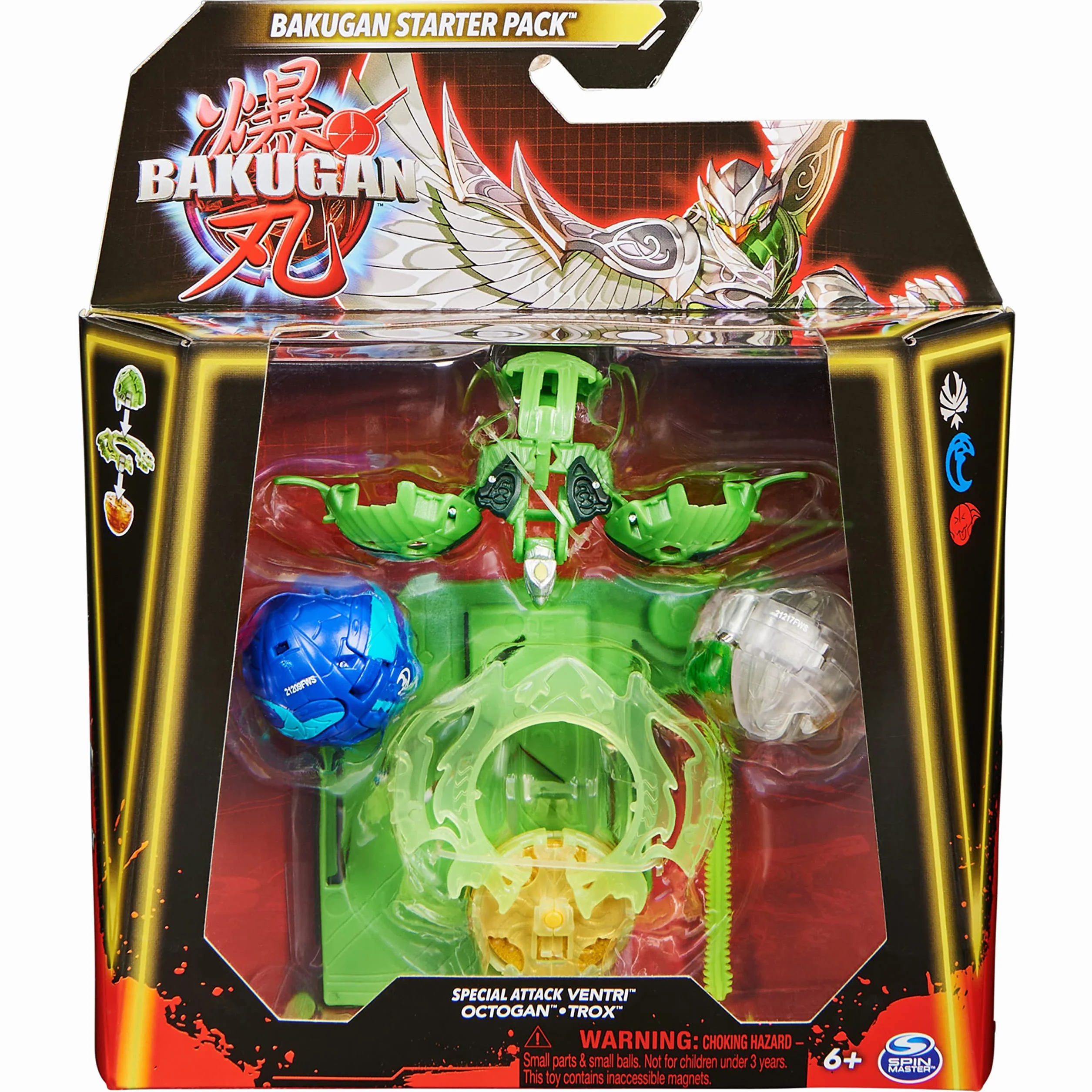 Bakugan Paquete de 3 Unidades Iniciación Ventri Octogan Trox Figuras Acción Giratorias Personalizables Tarjetas