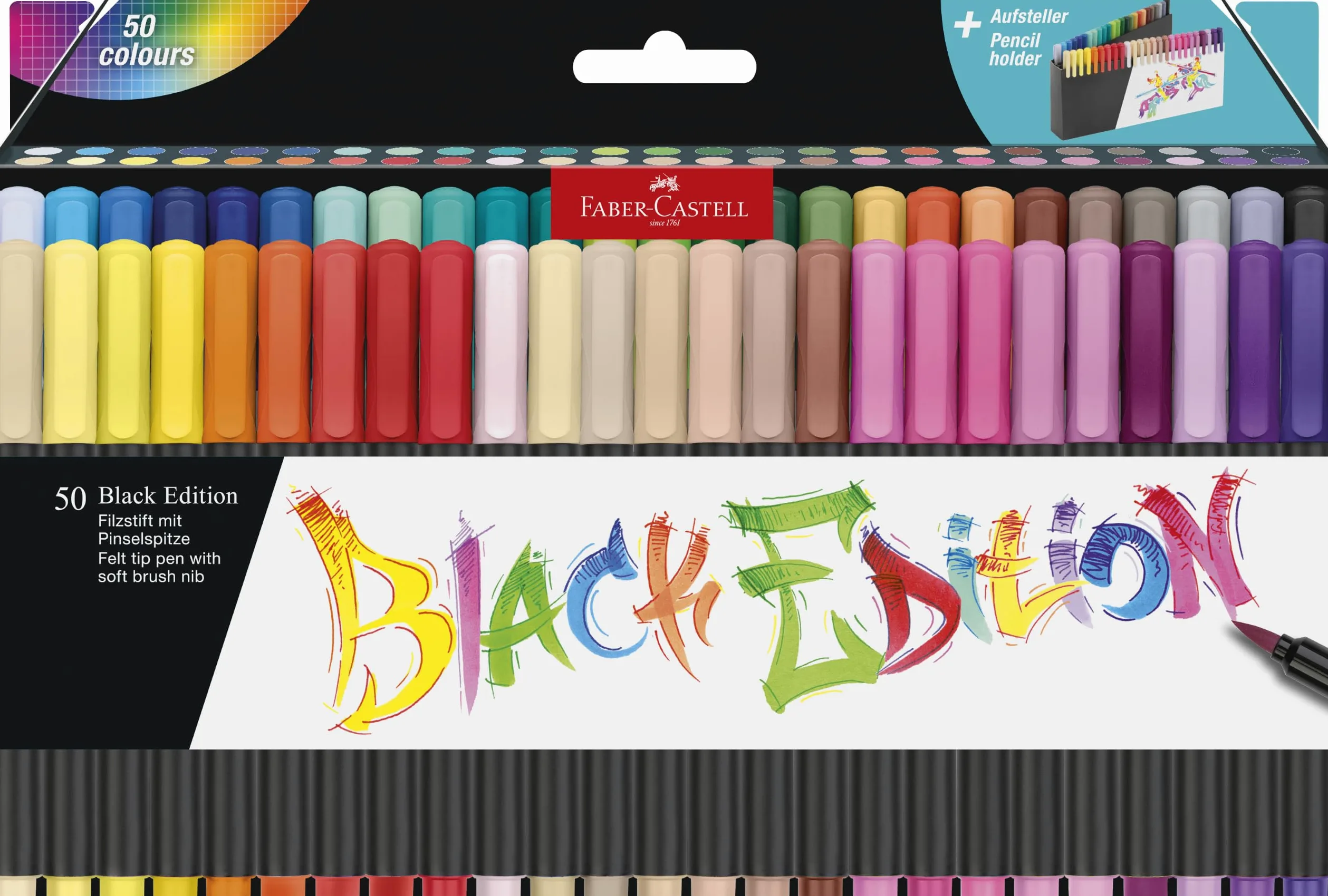 Faber-Castell 116454 - Estuche Soporte 50 Rotuladores Pincel Black Edition Surtidos - Colores Surtidos