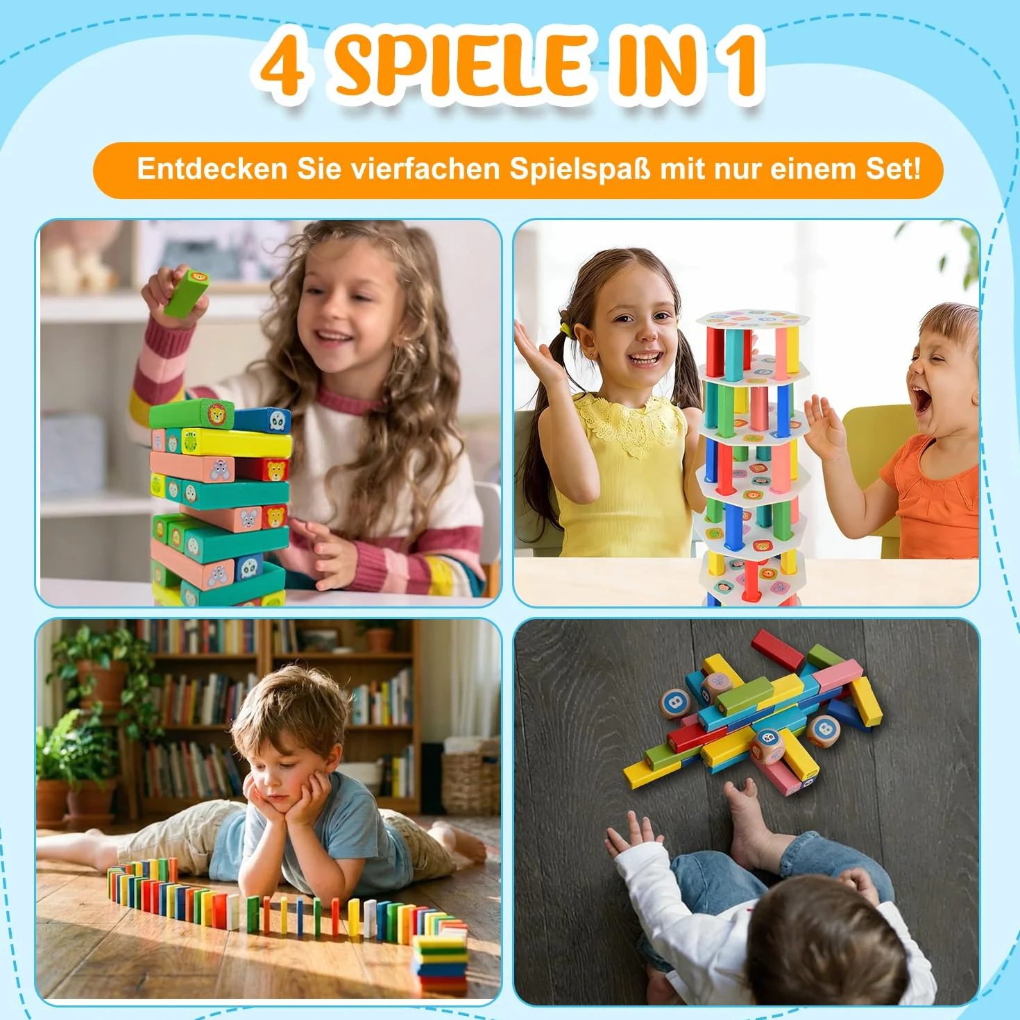 Torre de Bloques de Madera 4 en 1, Juguete Montessori de Equilibrio y Habilidad, Juego de Mesa Familiar y de Viaje, Juego Educativo Regalo para Niños y Niñas de 3 a 9 años