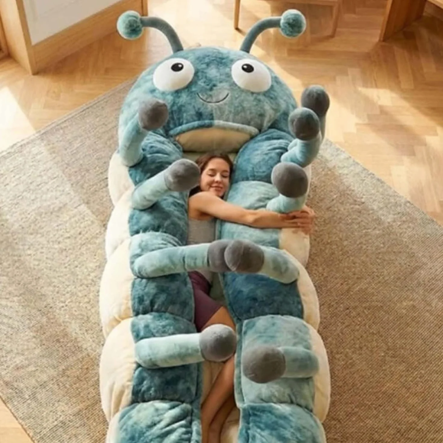Hugging Caterpillar Sacos de dormir – Tumbona de cuerpo completo de felpa para adultos, cápsula de siesta interior, sistema de abrazo de cordón, nido de lectura acogedor, saco de dormir convertible