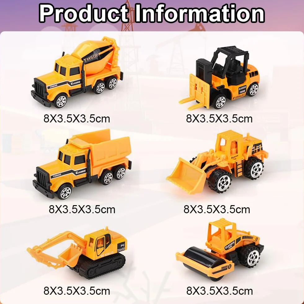 6 Piezas Mini Vehículo de Construcciones Juguete, Juego de Juguetes Camión de Construcción, Construcción Excavadora Camión de Juguete, Regalos de Cumpleaños para Niños a Partir de 3 Años