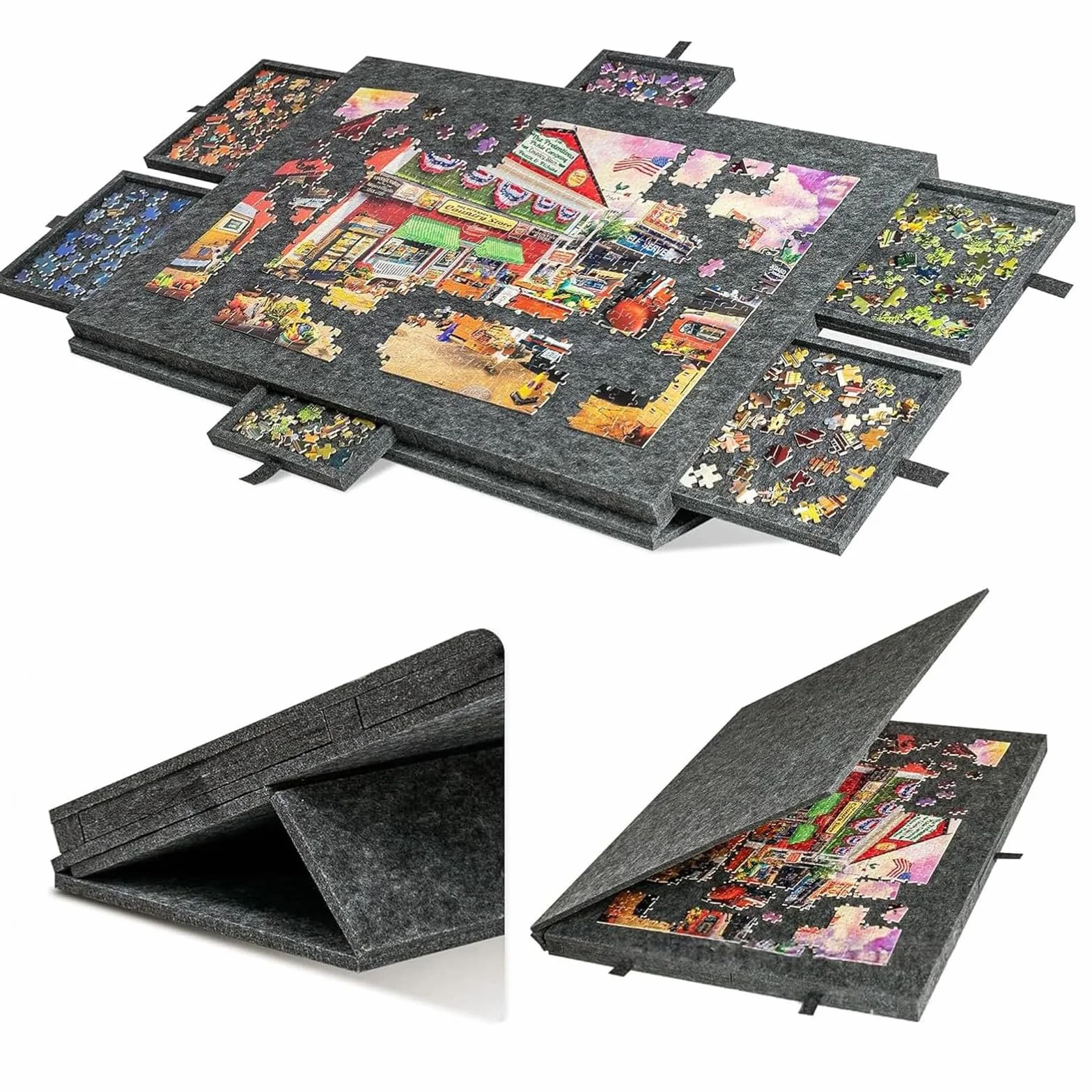 Tablero de rompecabezas, soporte plegable ajustable, tapete portátil con cubierta y 6 cajones, tablero de rompecabezas con 4 bandejas de clasificación plegables para hasta 1000 piezas (gris oscuro)